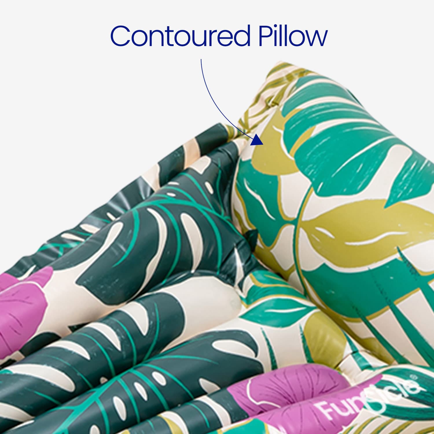 Contoured pillows with leaf pattern and Funza branding on a white background