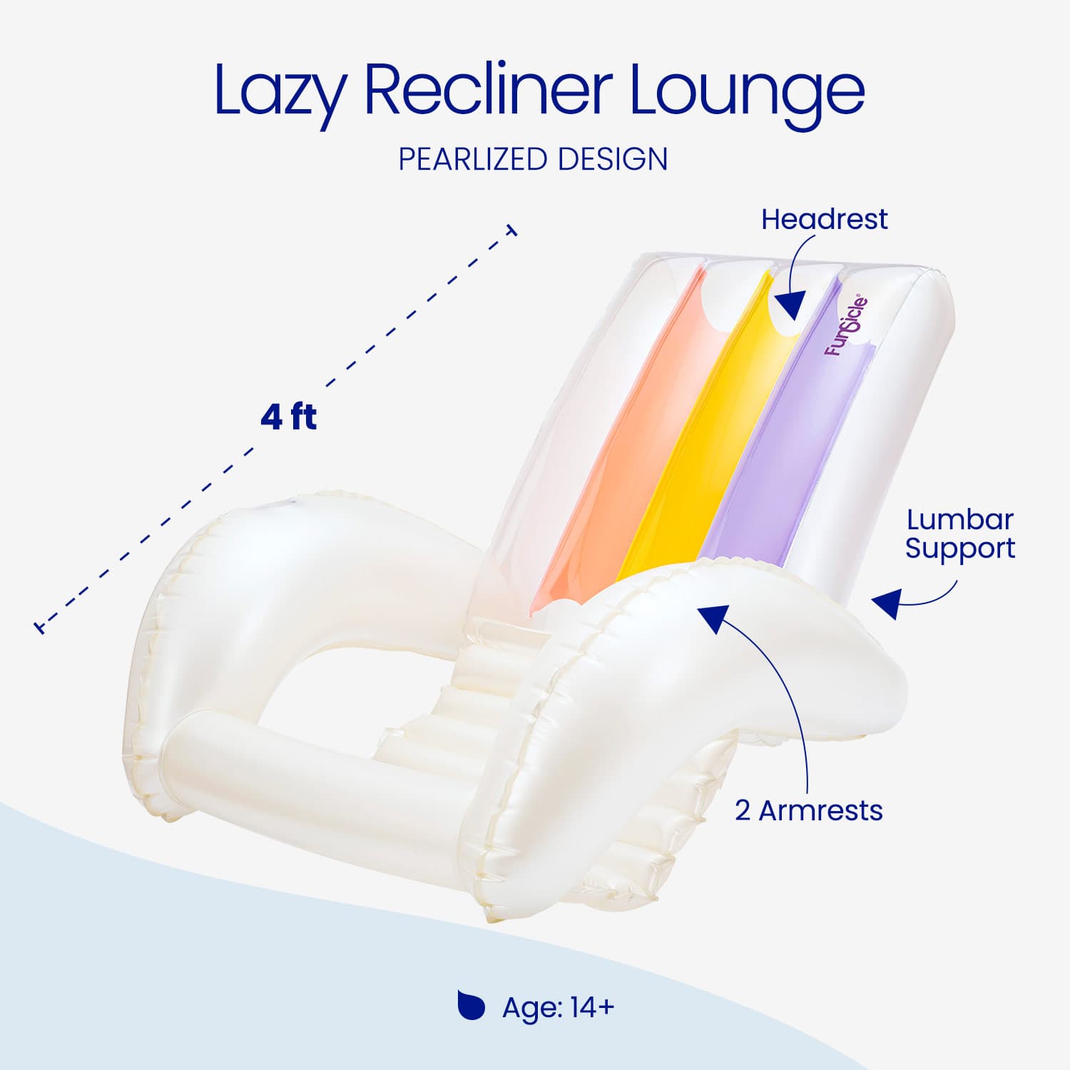 Lazy Recliner Lounge with labeled parts and dimensions on a white background