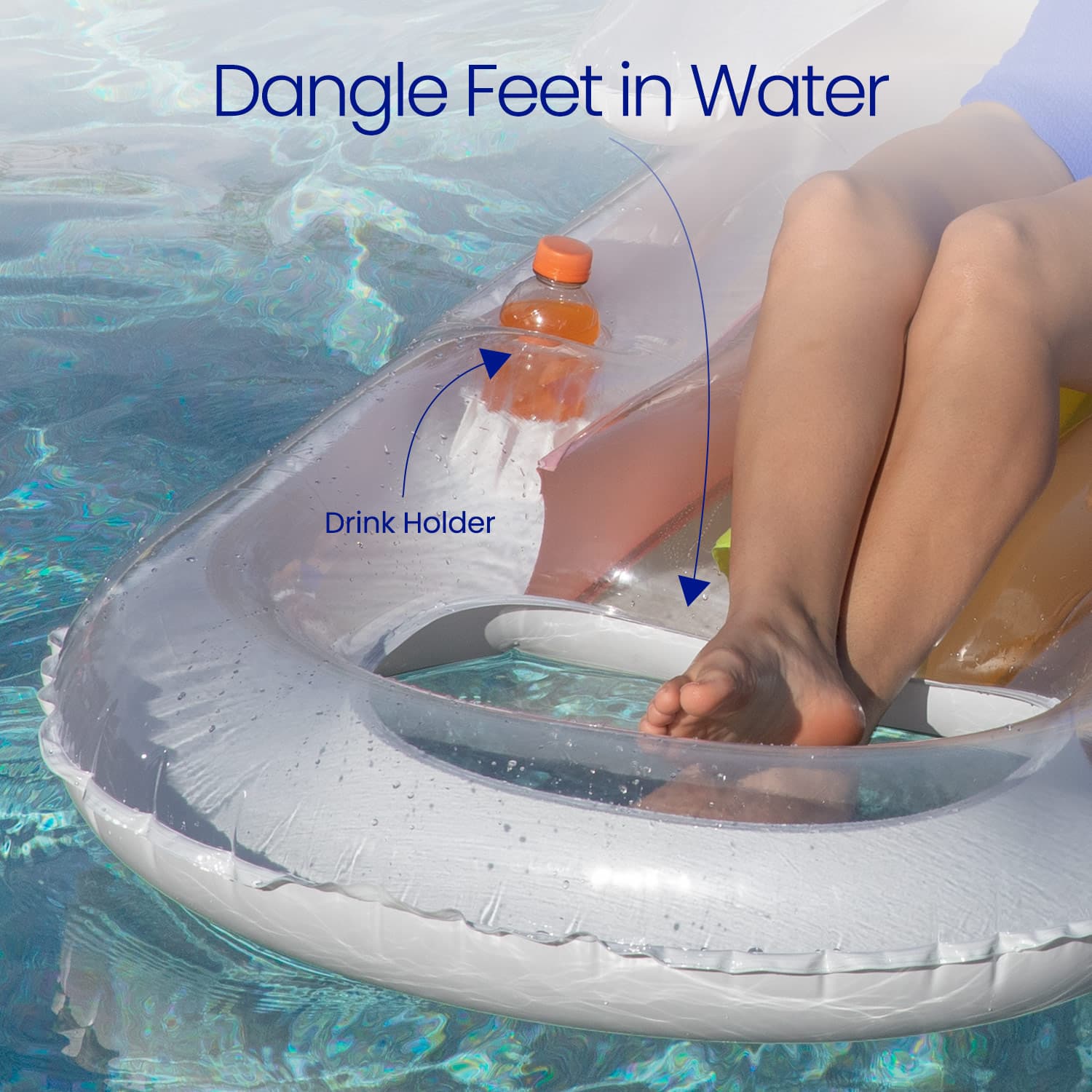 close up of relaxing lounge shows dangle feet in water and drink holder