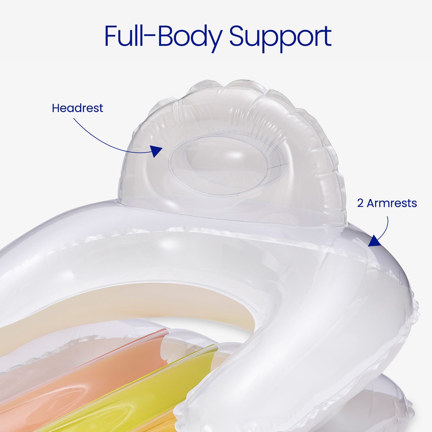 close up of relaxing lounge with text full-body support, headrest, and 2 armrests