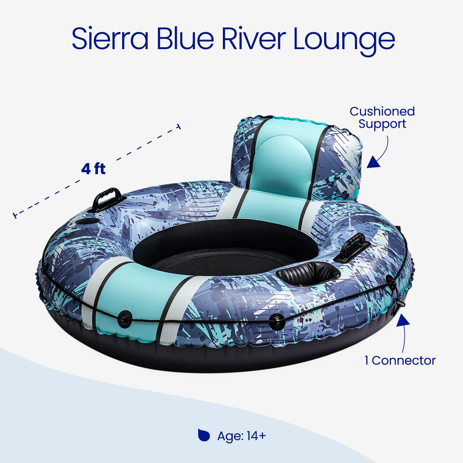 Inflatable river lounge with cushioned support and connector, labeled 'Sierra Blue River Lounge'.