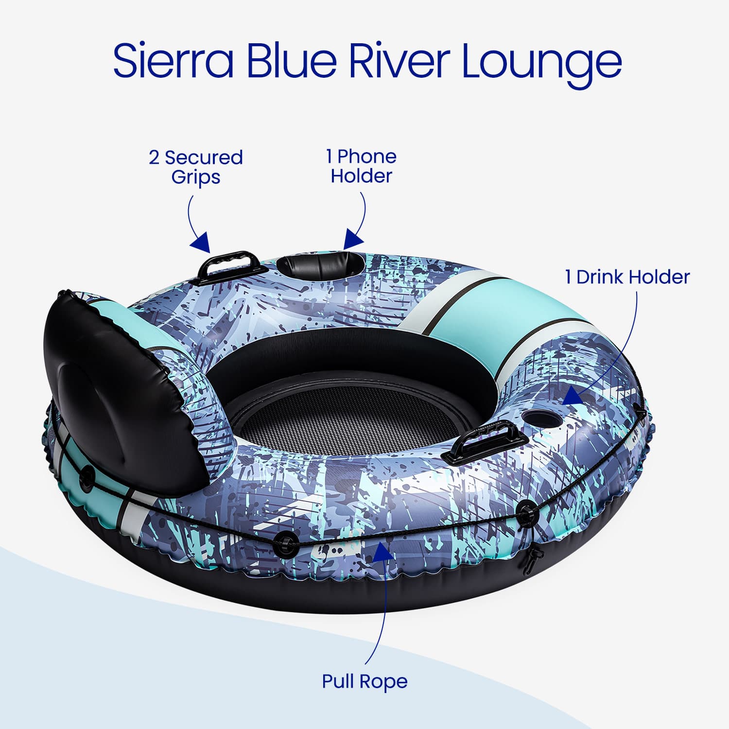 Inflatable river lounge with features labeled on a white background