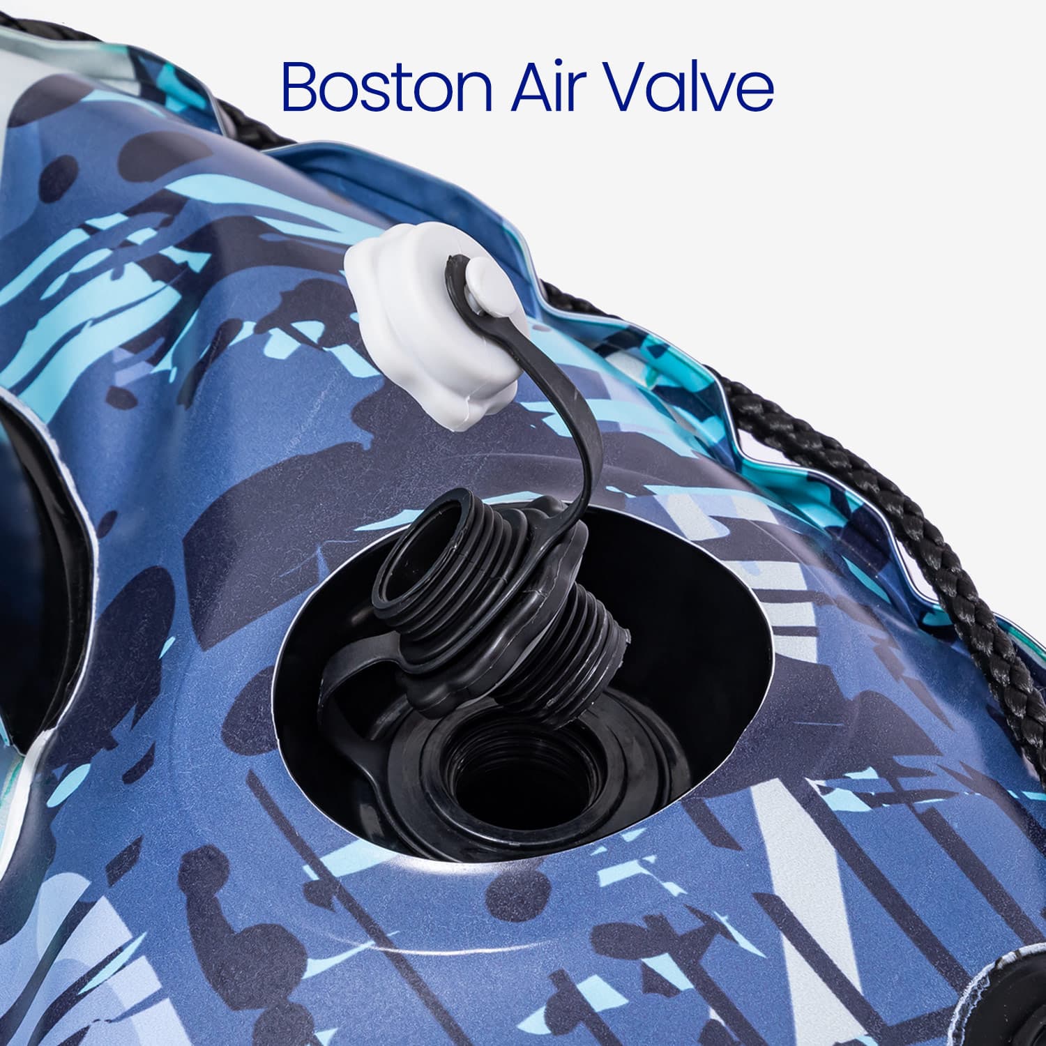 Boston Air Valve on a blue inflatable object with visible branding.
