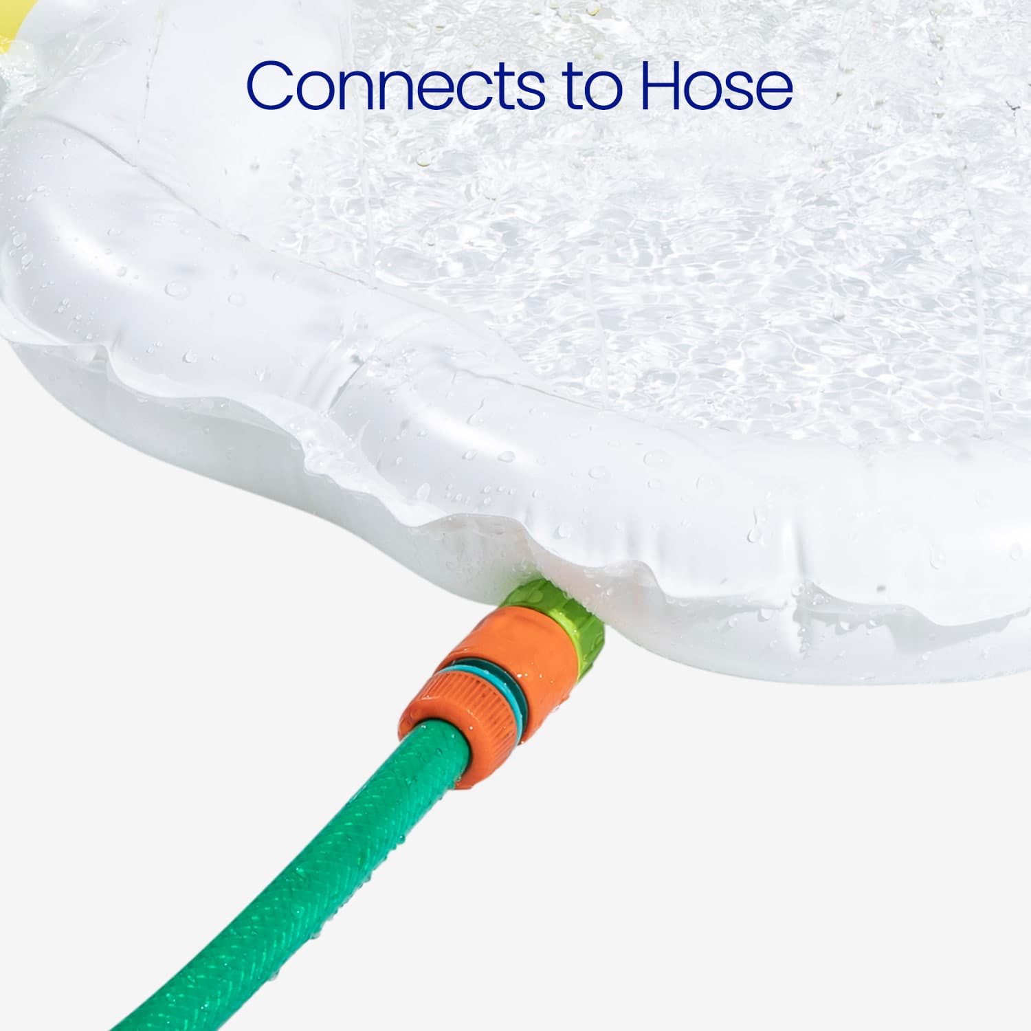 Close-up of a green hose being connected to a white pool filter with text 'Connects to Hose'.