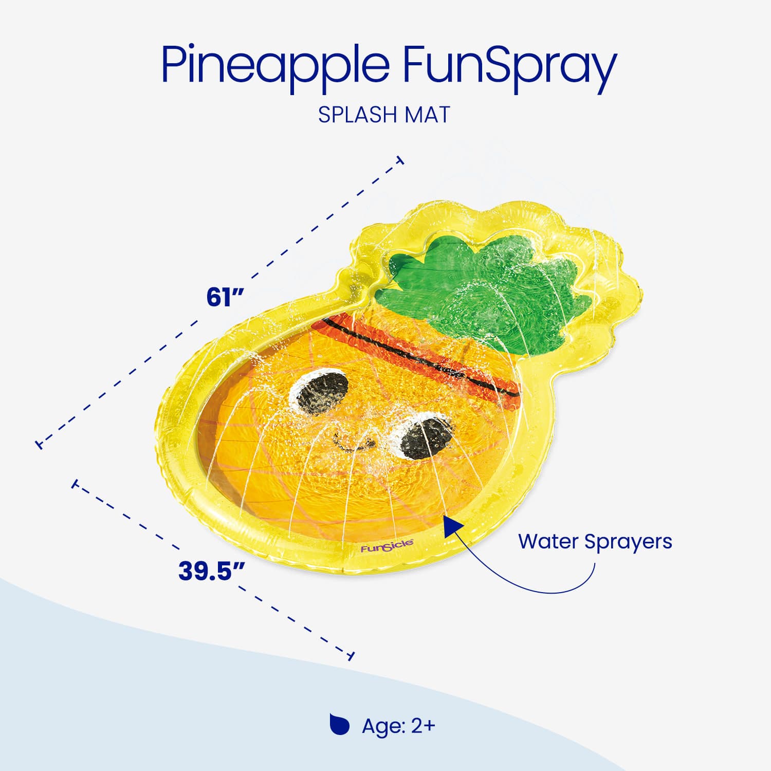 Pineapple-shaped splash mat with water sprayers and dimensions on a white background