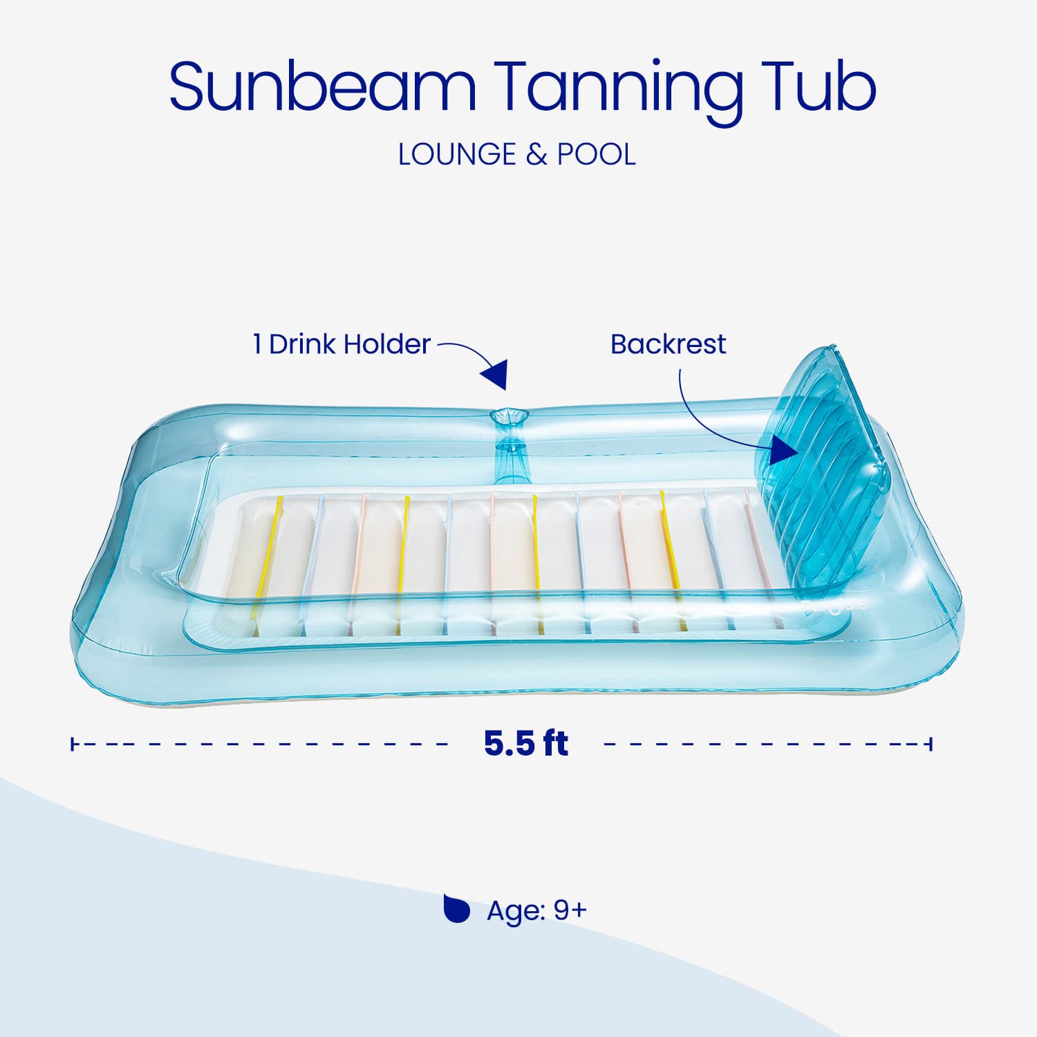 Sunbeam tanning tub with drink holder and backrest, labeled features and dimensions.