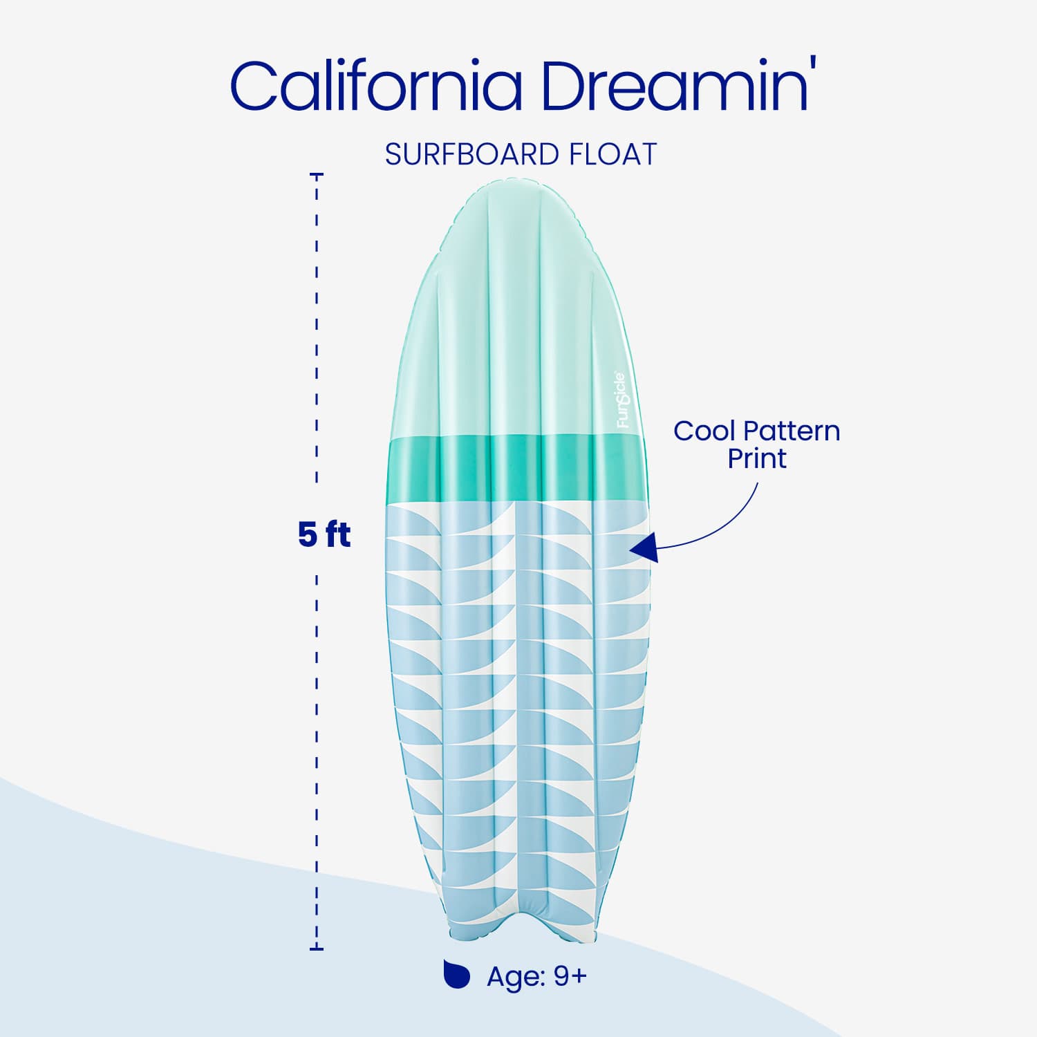 Illustration of a surfboard float with dimensions and features on a light blue background