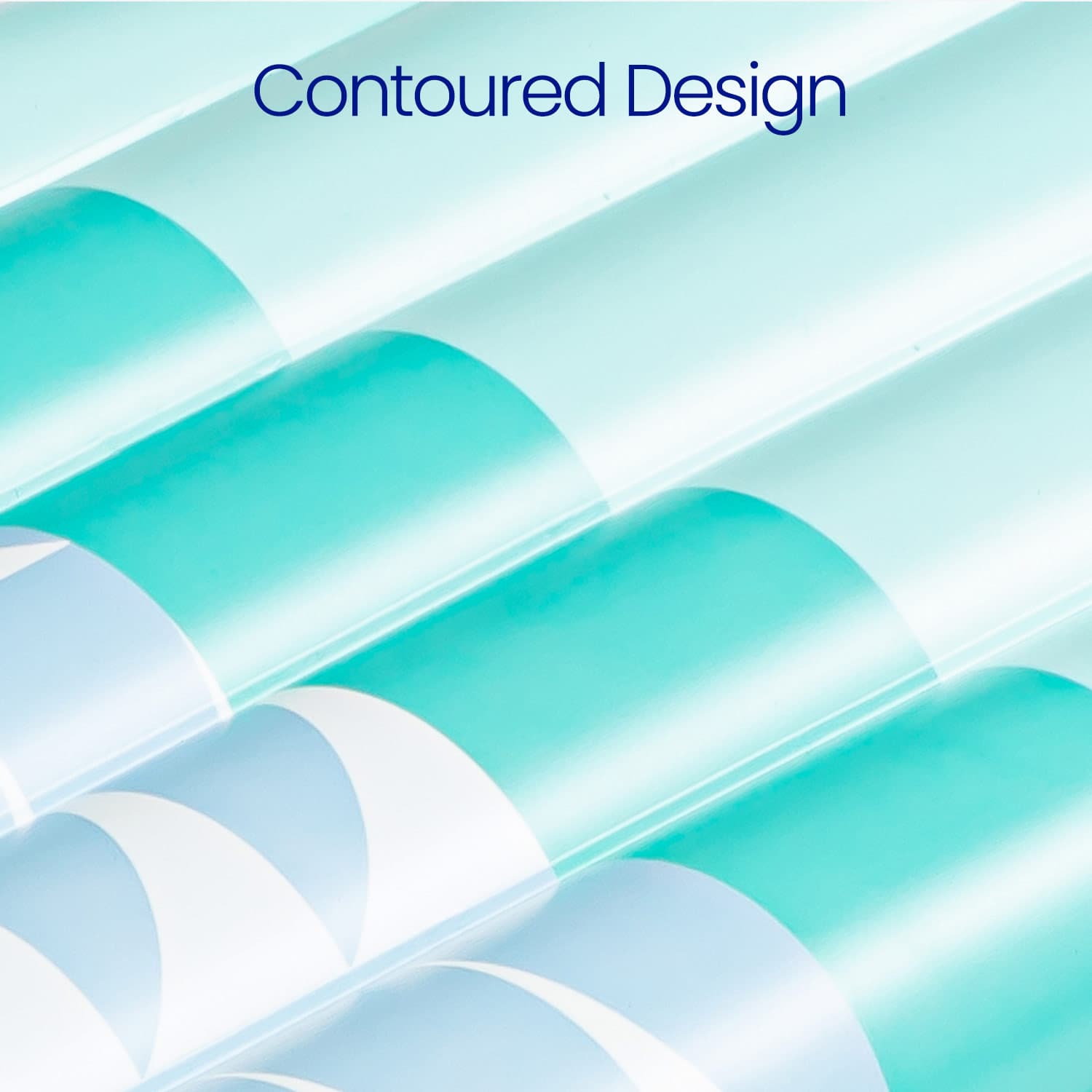 Close up of Teal and white pattern with 'Contoured Design' text on a light blue background