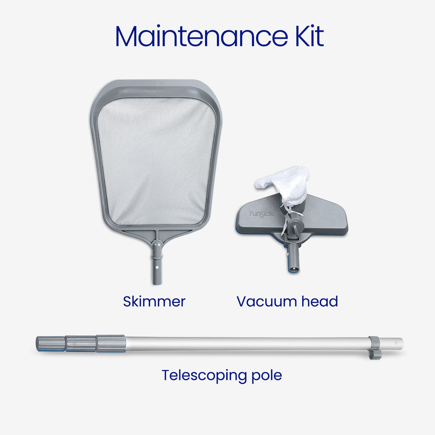 Pool maintenance kit with skimmer, vacuum head, and telescoping pole on a white background