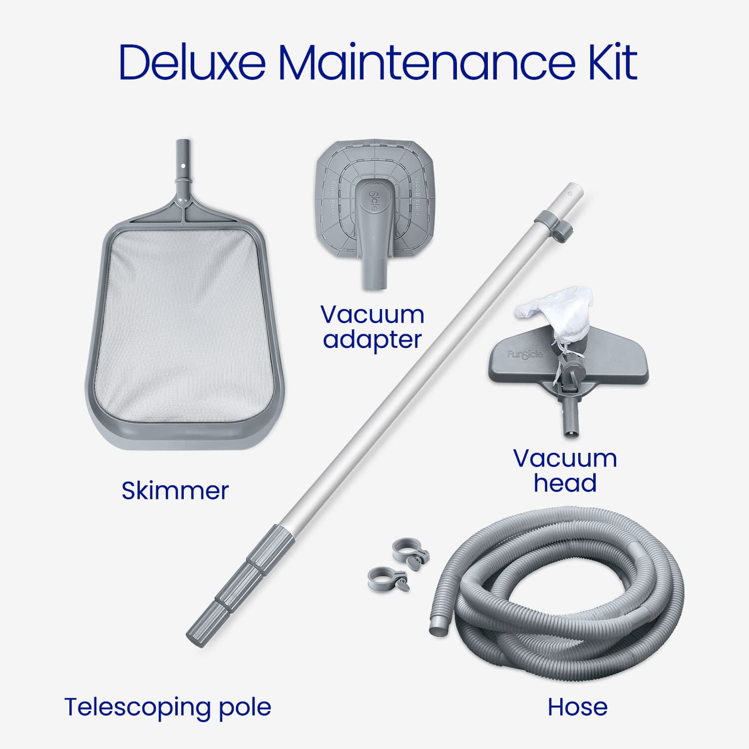 Pool maintenance kit with skimmer, vacuum adapter, telescoping pole, vacuum head, and hose on a white background.
