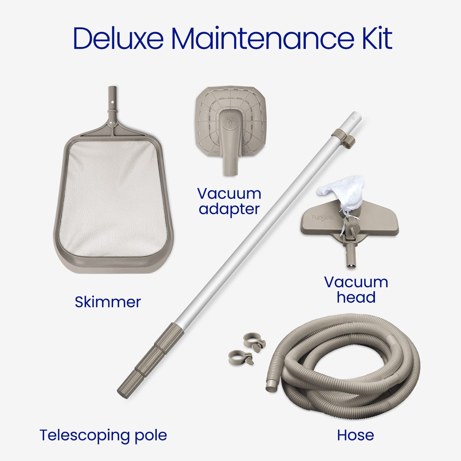 Pool maintenance kit with skimmer, vacuum adapter, telescoping pole, vacuum head, and hose on a white background.
