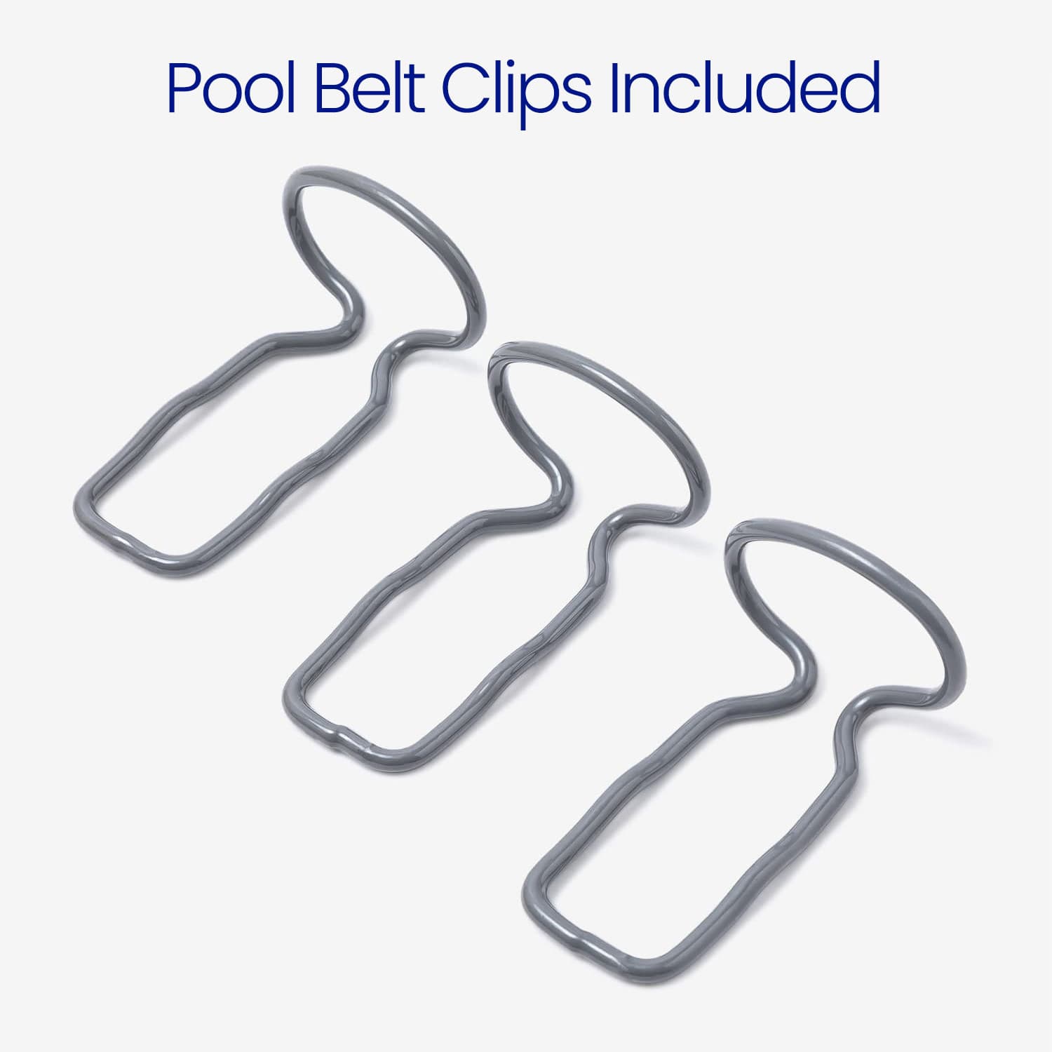 Three pool belt clips on a white background with text 'Pool Belt Clips Included'.
