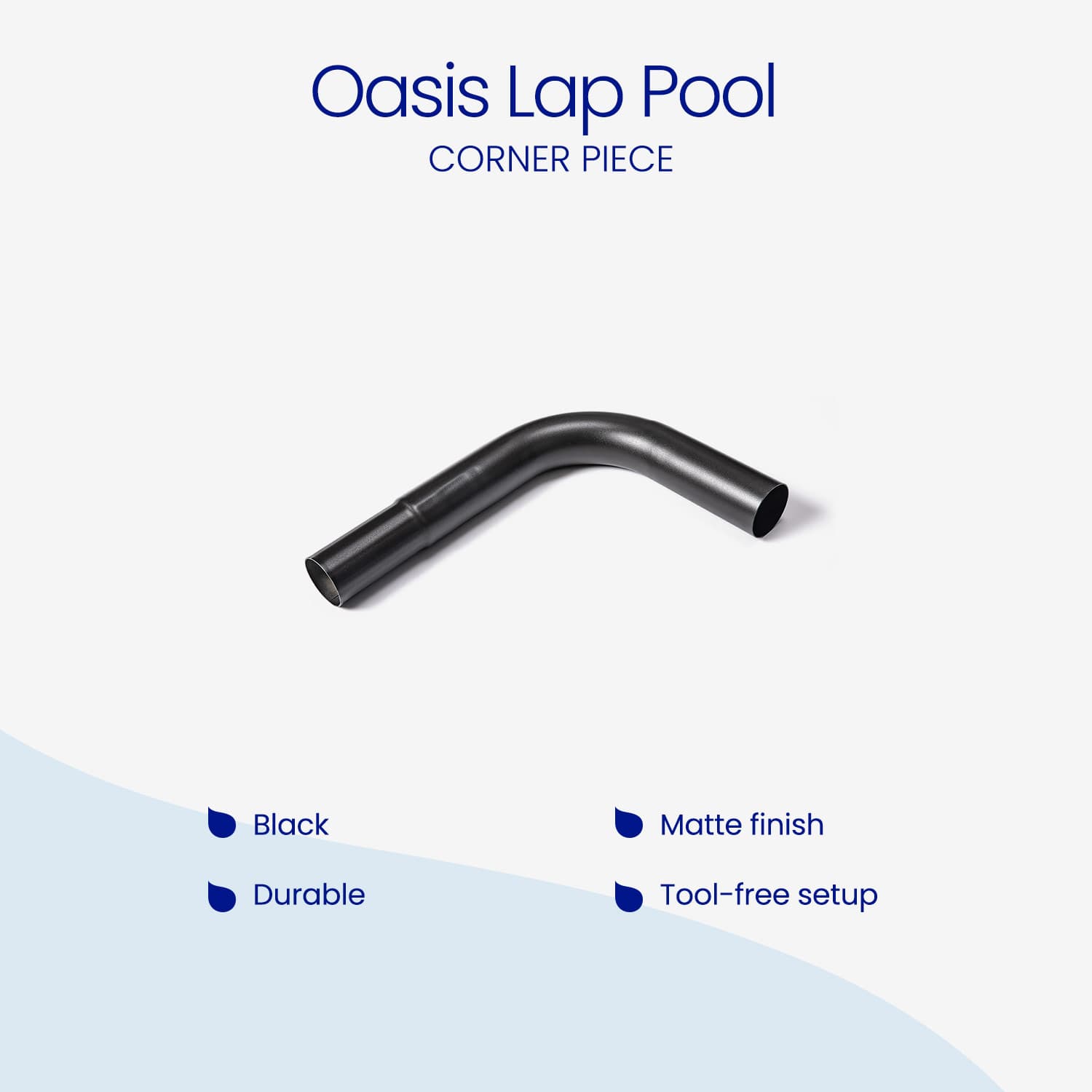 Black pool corner piece with text on a white background