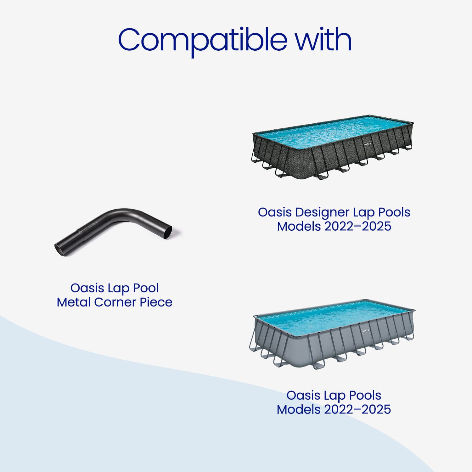 Product compatibility with Oasis Lap Pool metal corner piece and pools for models 2022-2025 on a white background.
