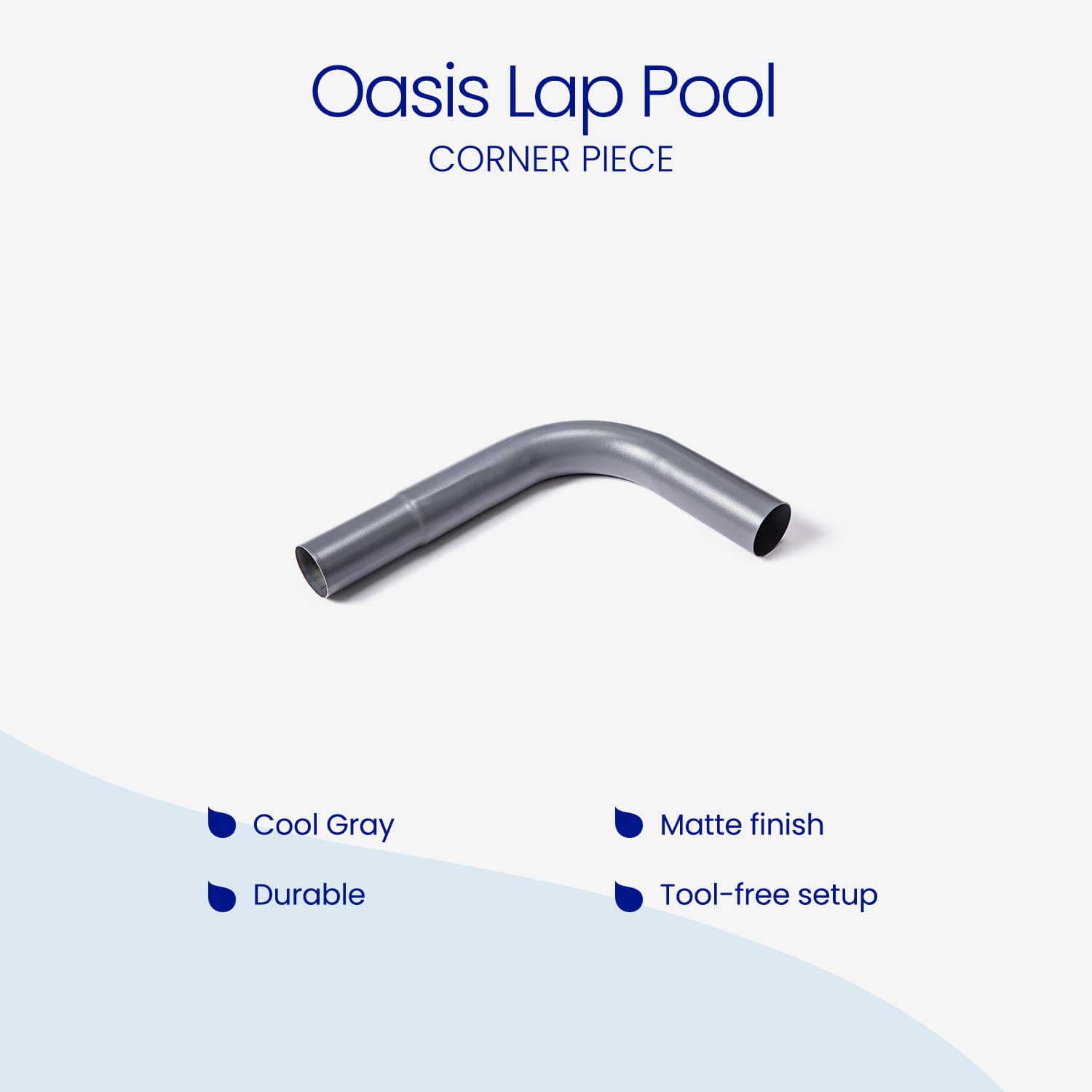 Cool gray pool corner piece with text on a white background
