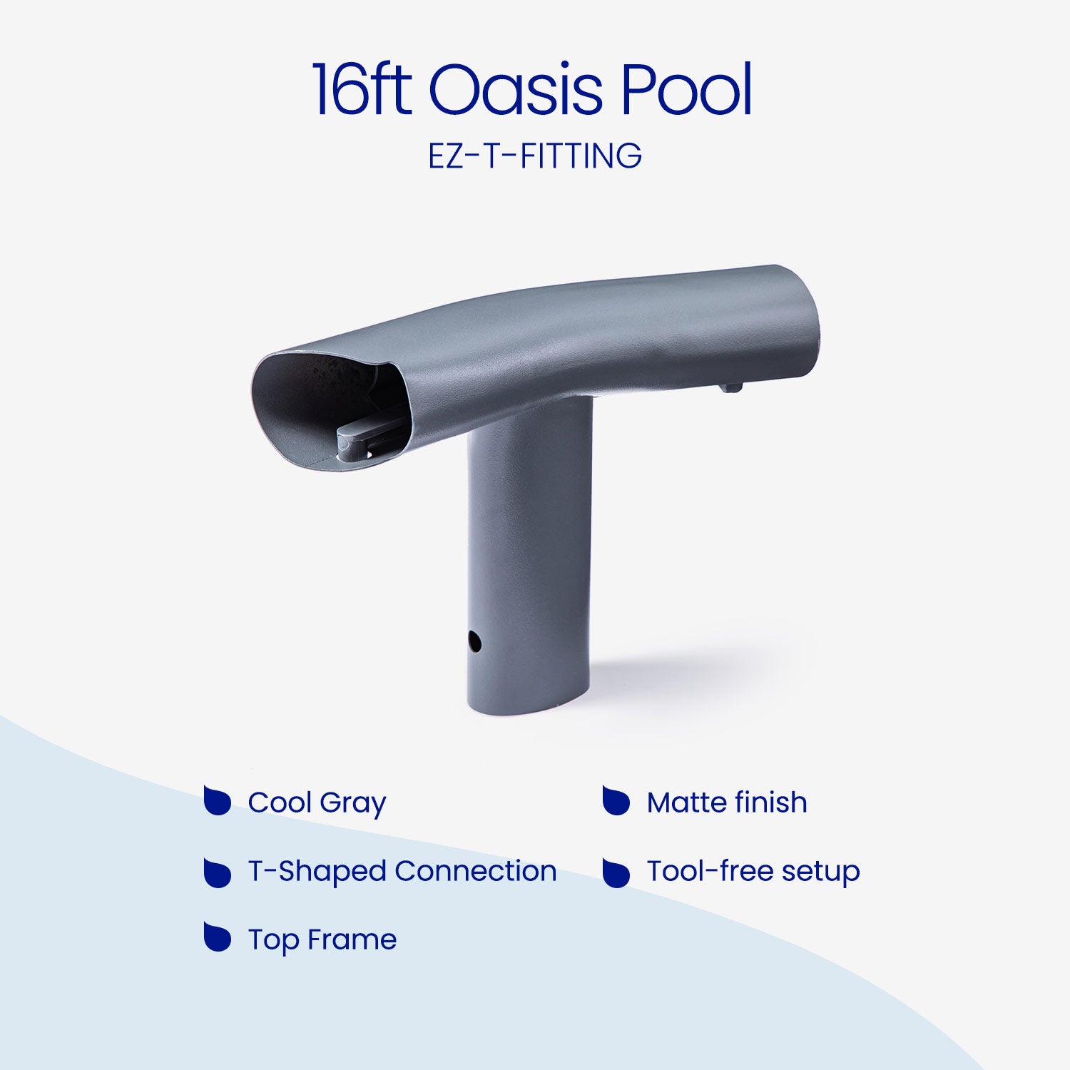 Gray pool fitting with features listed on a white background