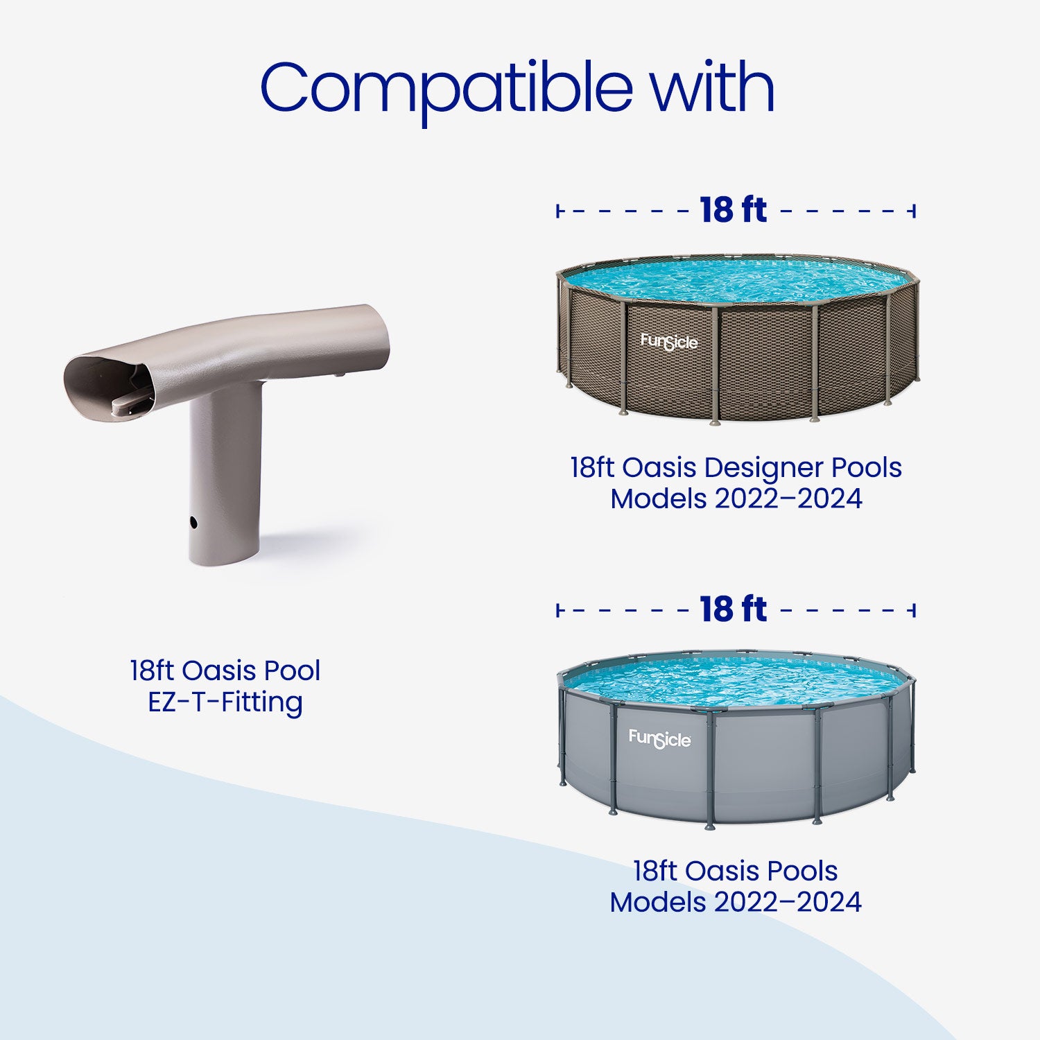 Funsicle pool components with text indicating compatibility for 18ft Oasis Designer Pools.