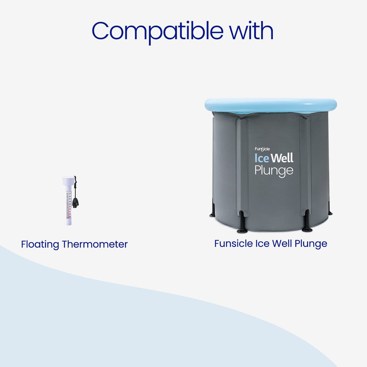 White Funsicle Floating Thermometer shown beside a gray Funsicle Ice Well Plunge cold plunge tub with a light blue rim, indicating compatibility with the Ice Well Plunge.