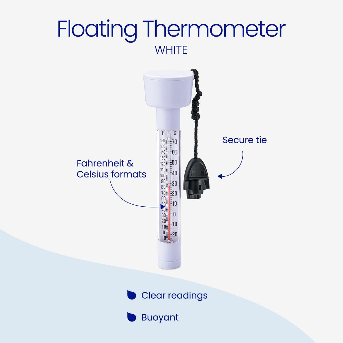 White Funsicle Floating Thermometer with a black cord and secure tie clip. Callouts highlight Fahrenheit and Celsius scales and the secure tie. Features: clear readings and buoyant design.
