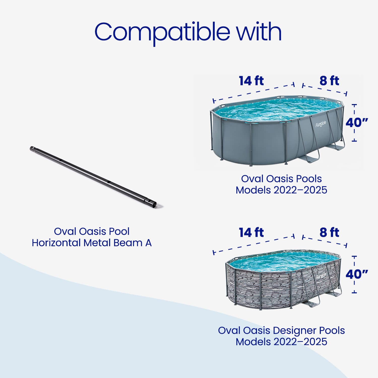 Diagram showing compatibility of pool components with Oval Oasis Pool models 2022-2025.