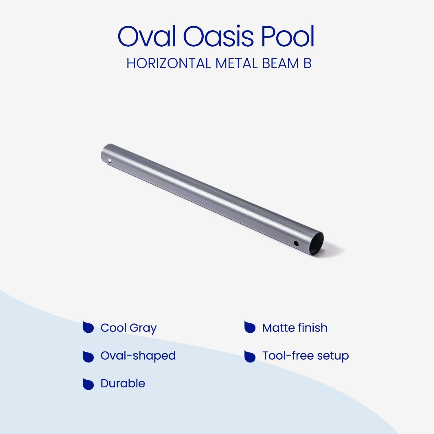 Metal beam labeled 'Oval Oasis Pool Horizontal Metal Beam B' on a white background with text describing features.