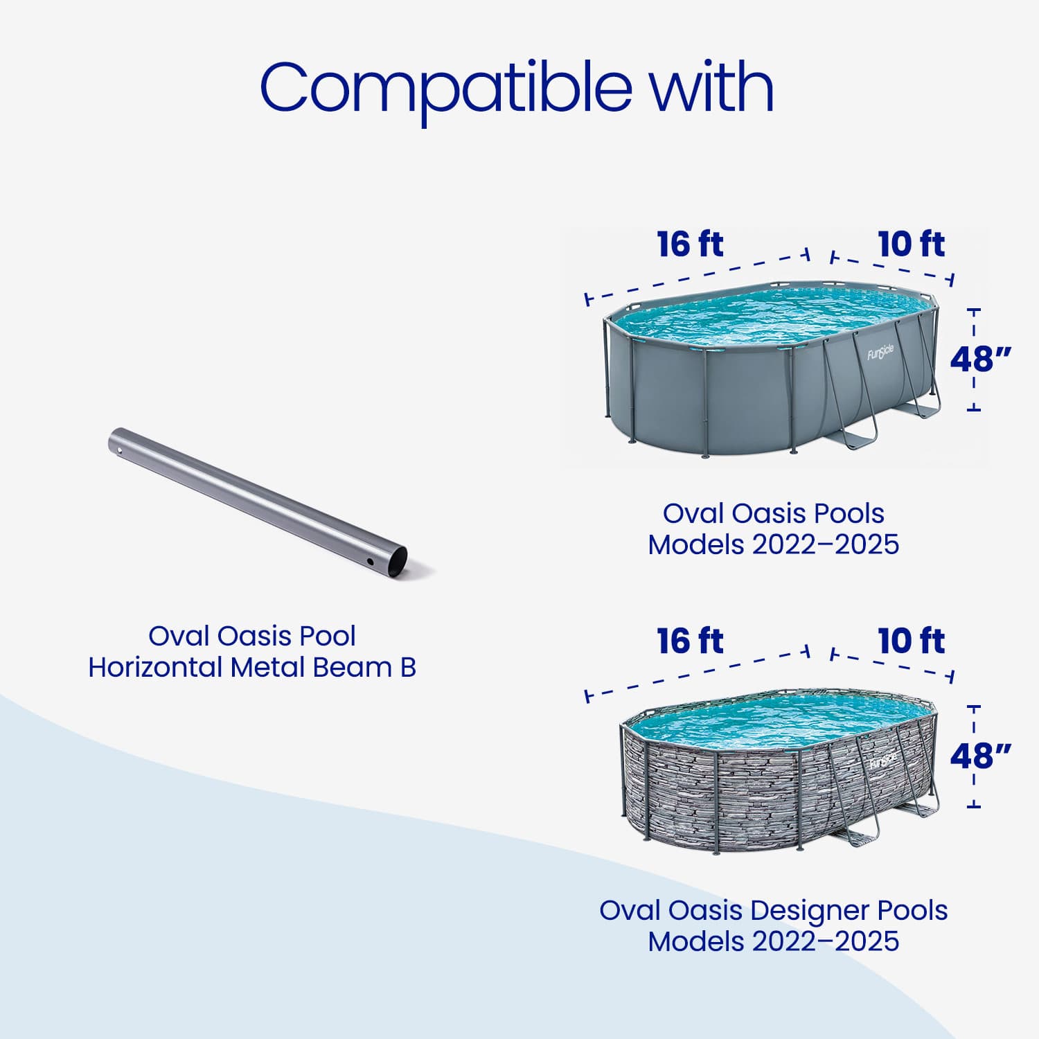 Comparison of pool dimensions and compatibility with metal beams for Oval Oasis pools.