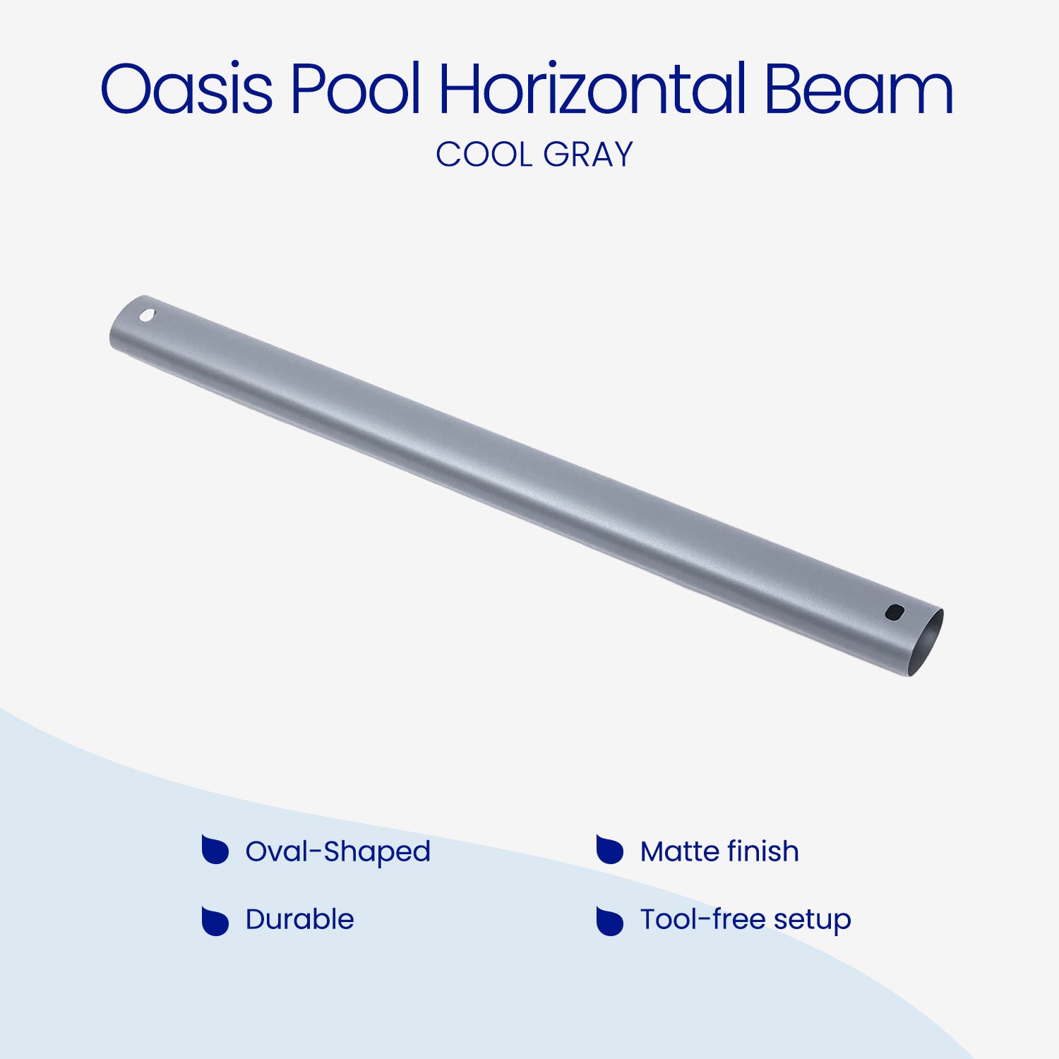 Oasis Pool Horizontal Beam in cool gray on a white background with product features listed.