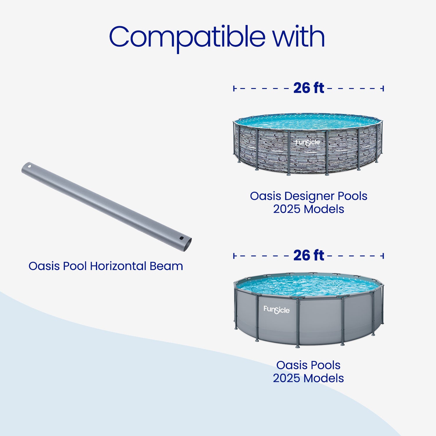 Advertisement for pool accessories compatible with Oasis Designer Pools 2025 models, featuring a pool and horizontal beam.
