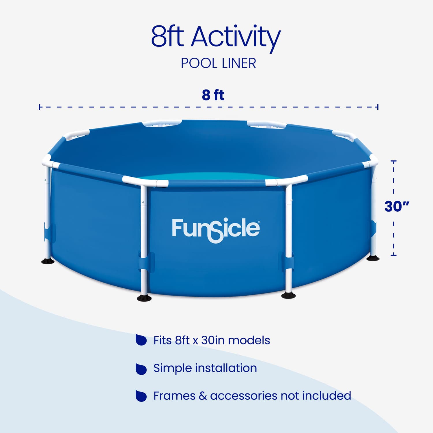 Funsicle 8ft Activity pool liner with dimensions and features on a white background