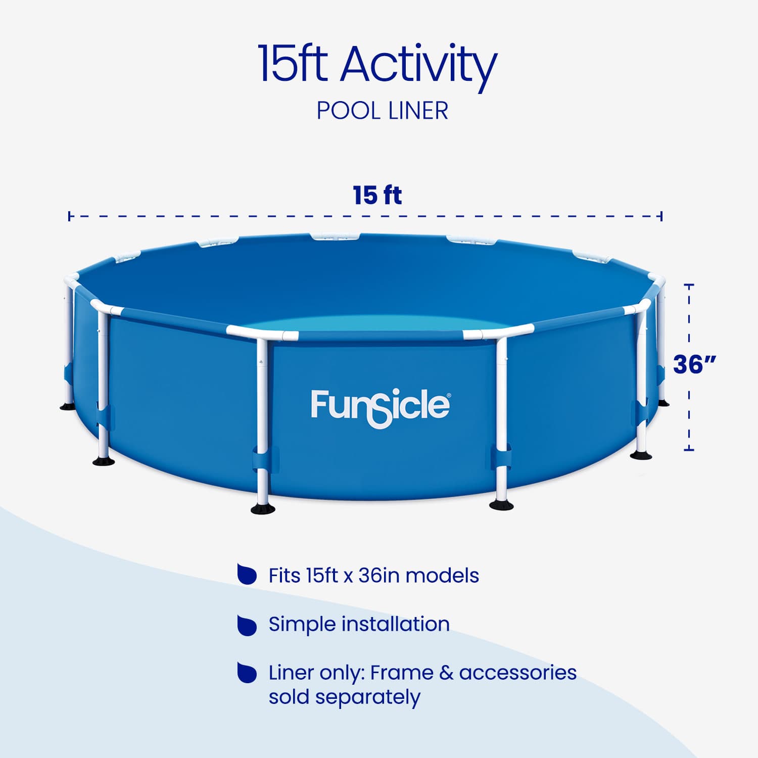 15ft Activity pool liner dimensions and feature highlights on white background