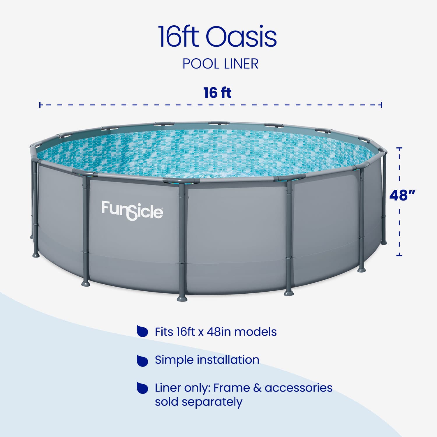 16ft Oasis pool liner with dimensions and features on a white background