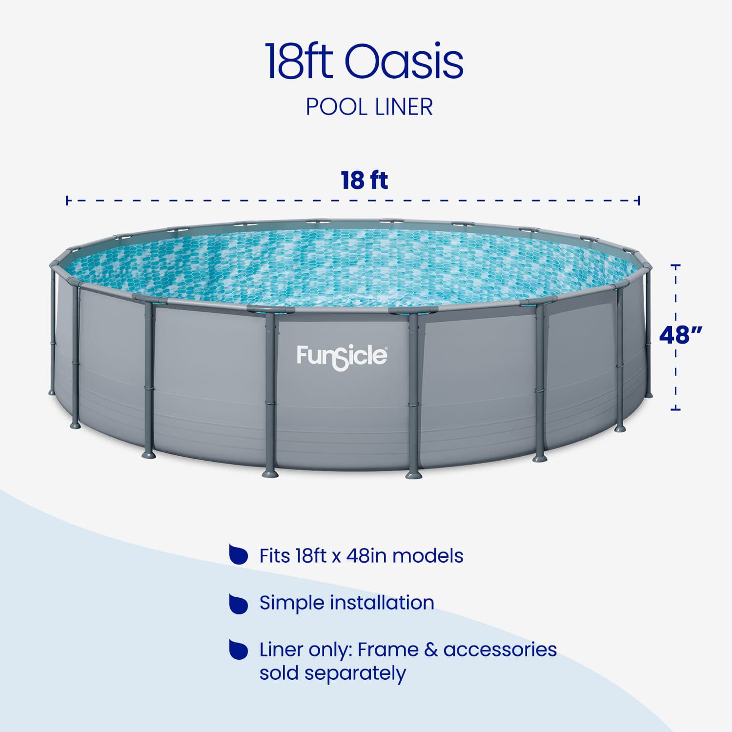 18ft Oasis pool liner with dimensions and features on a white background