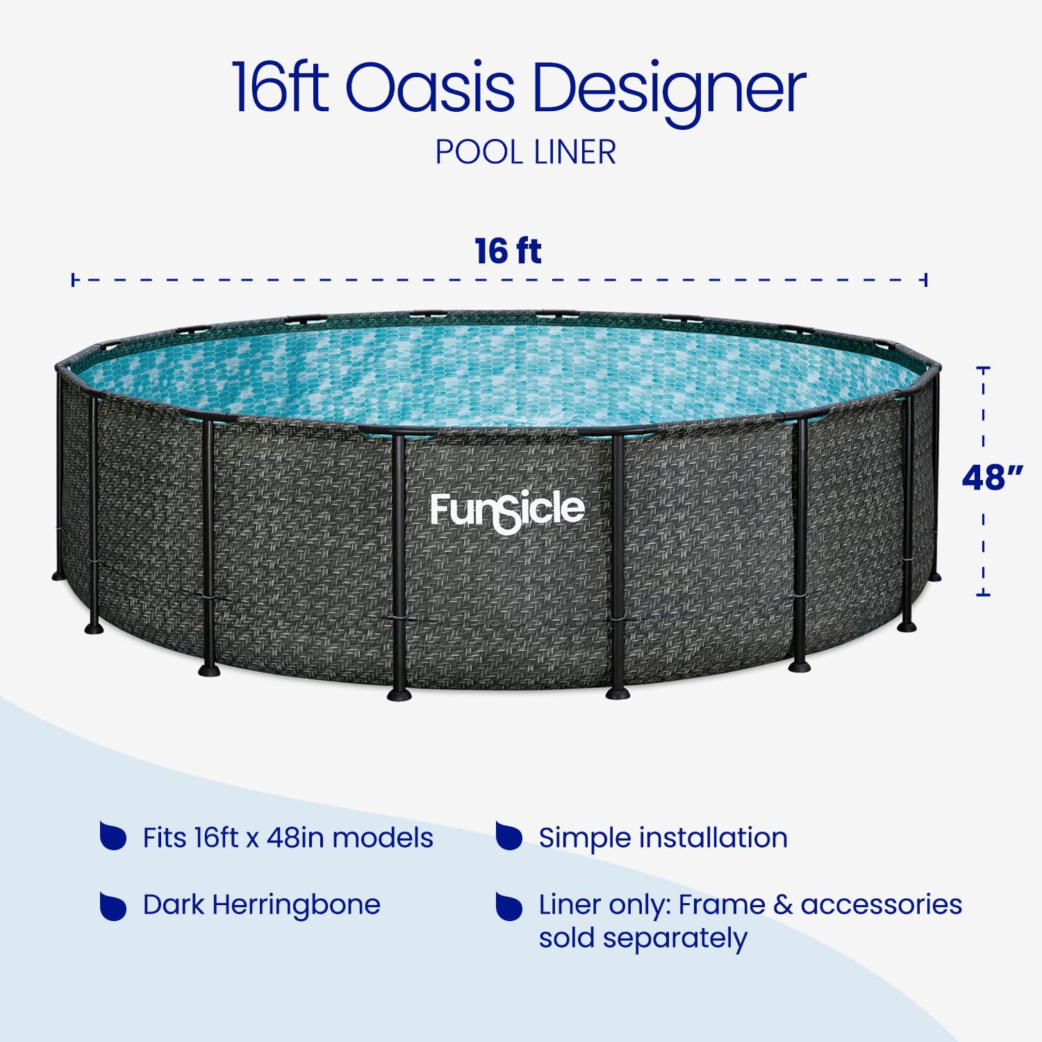 Funsicle 16ft Oasis Designer pool liner with dimensions and features on a white background