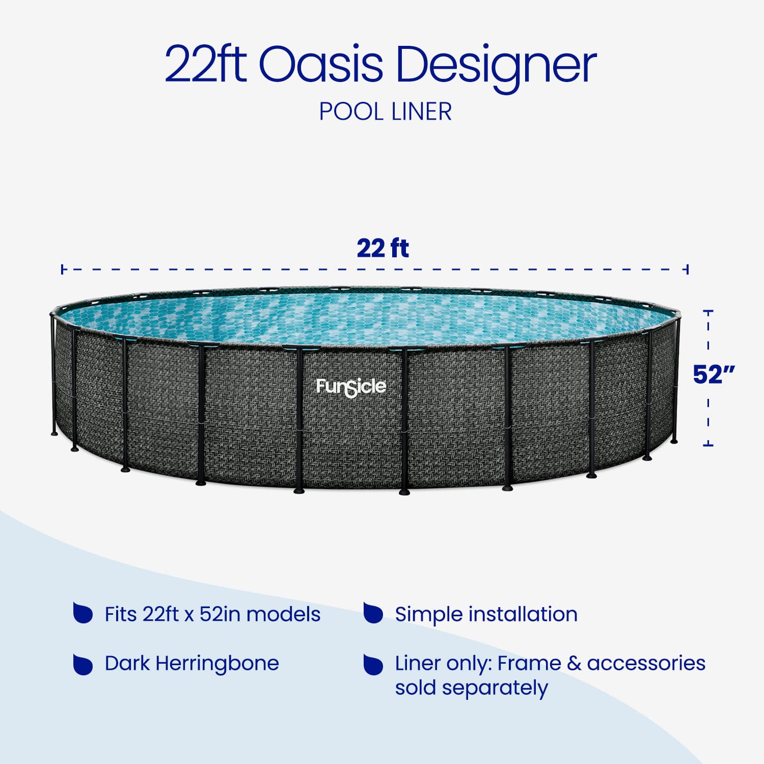 22ft Oasis Designer pool liner with dimensions and features listed.