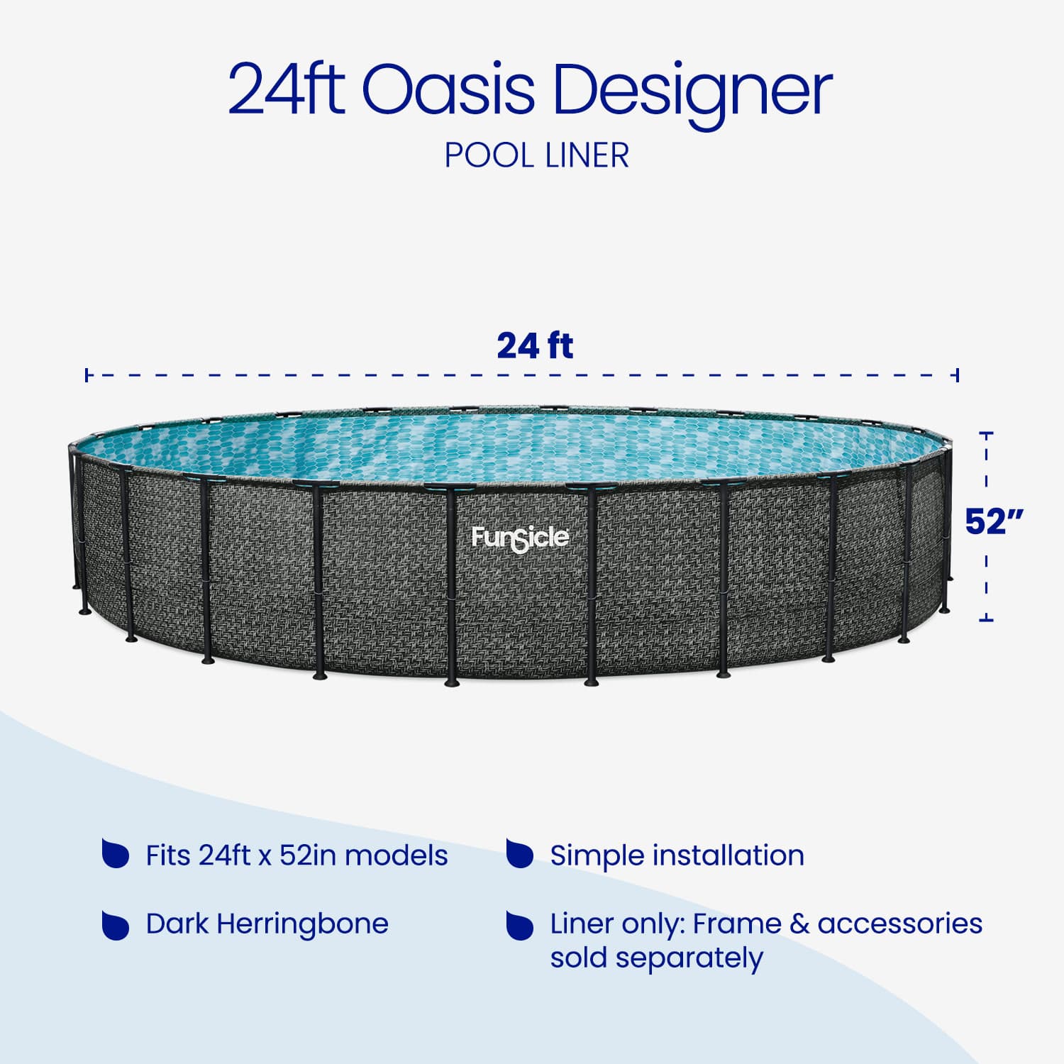 Pool liner with dimensions and features on a white background