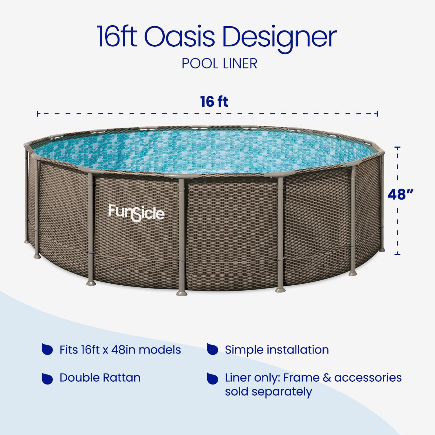 Funsicle pool liner with dimensions and features on a white background