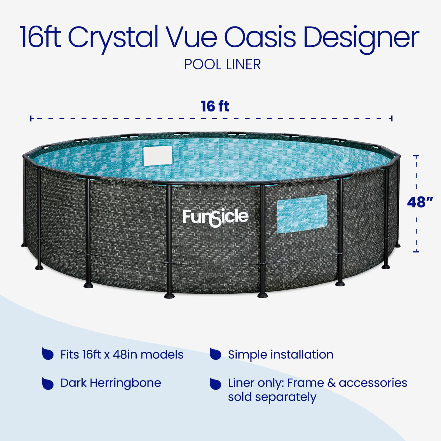 Funsicle 16ft Crystal Vue Oasis Designer pool liner with dimensions and features on a white background.