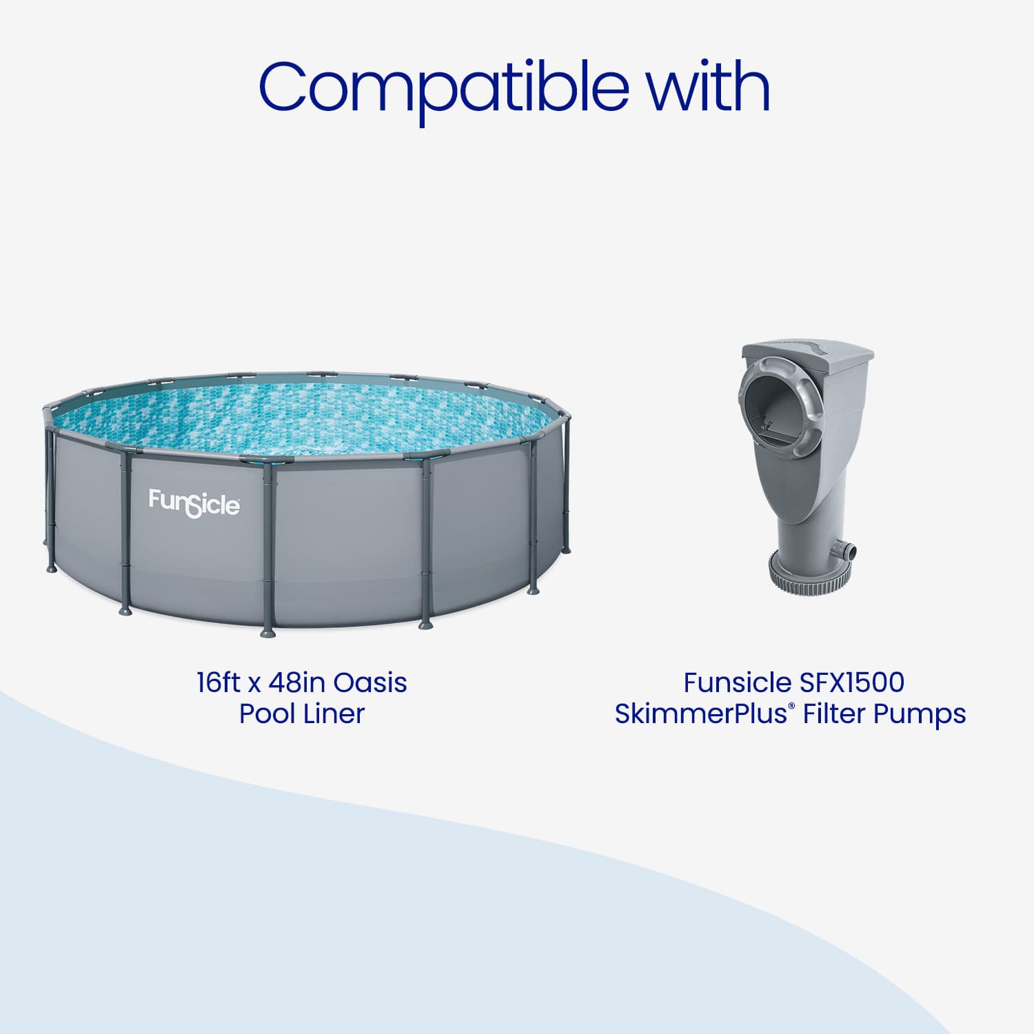 Funsicle pool with text indicating compatibility with Funsicle pool liner and filter pump.