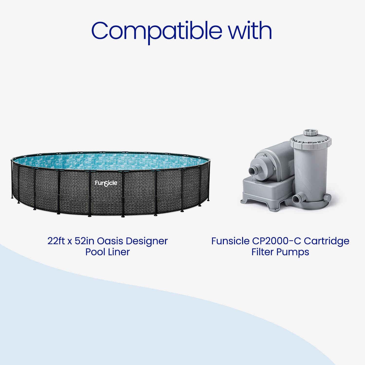 Pool liner and filter pump with compatibility text on a white background