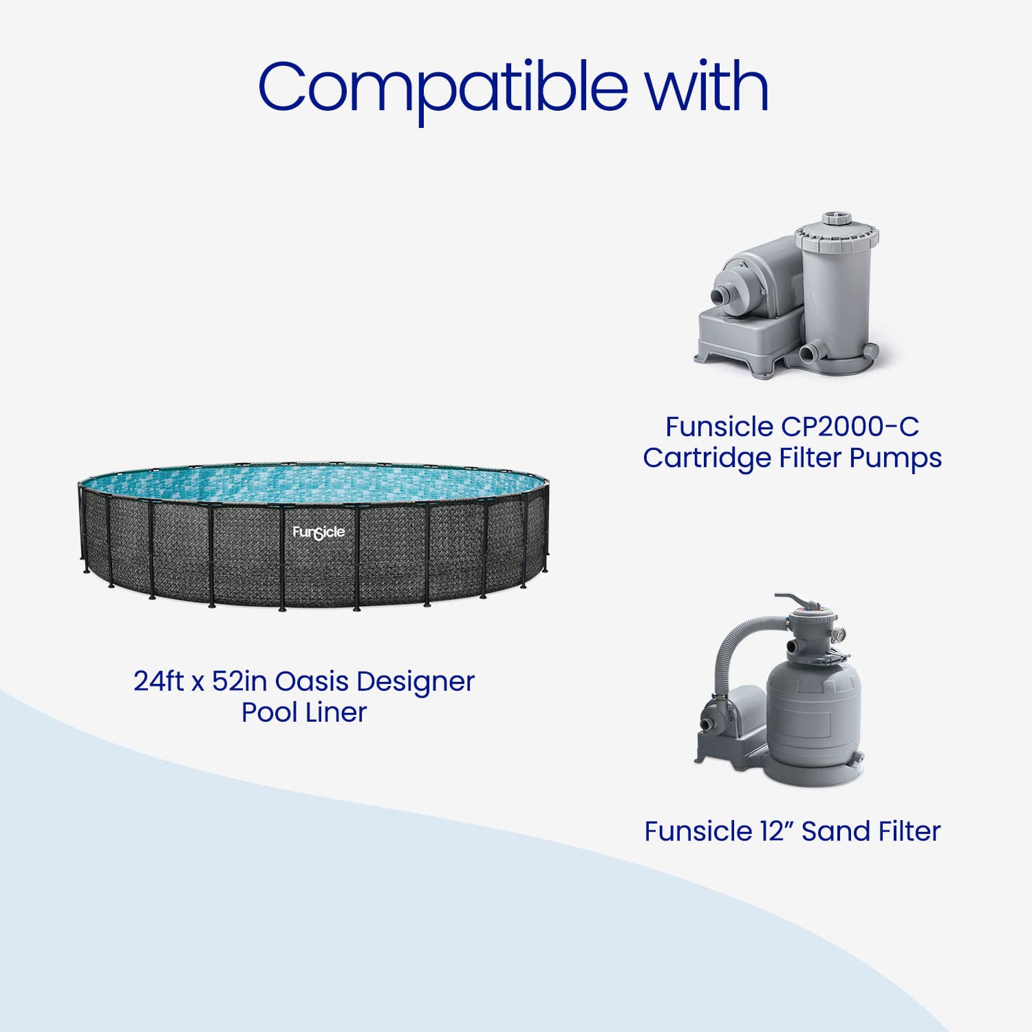 Pool setup with Funsicle pool liner, filter pump, and sand filter on a white background