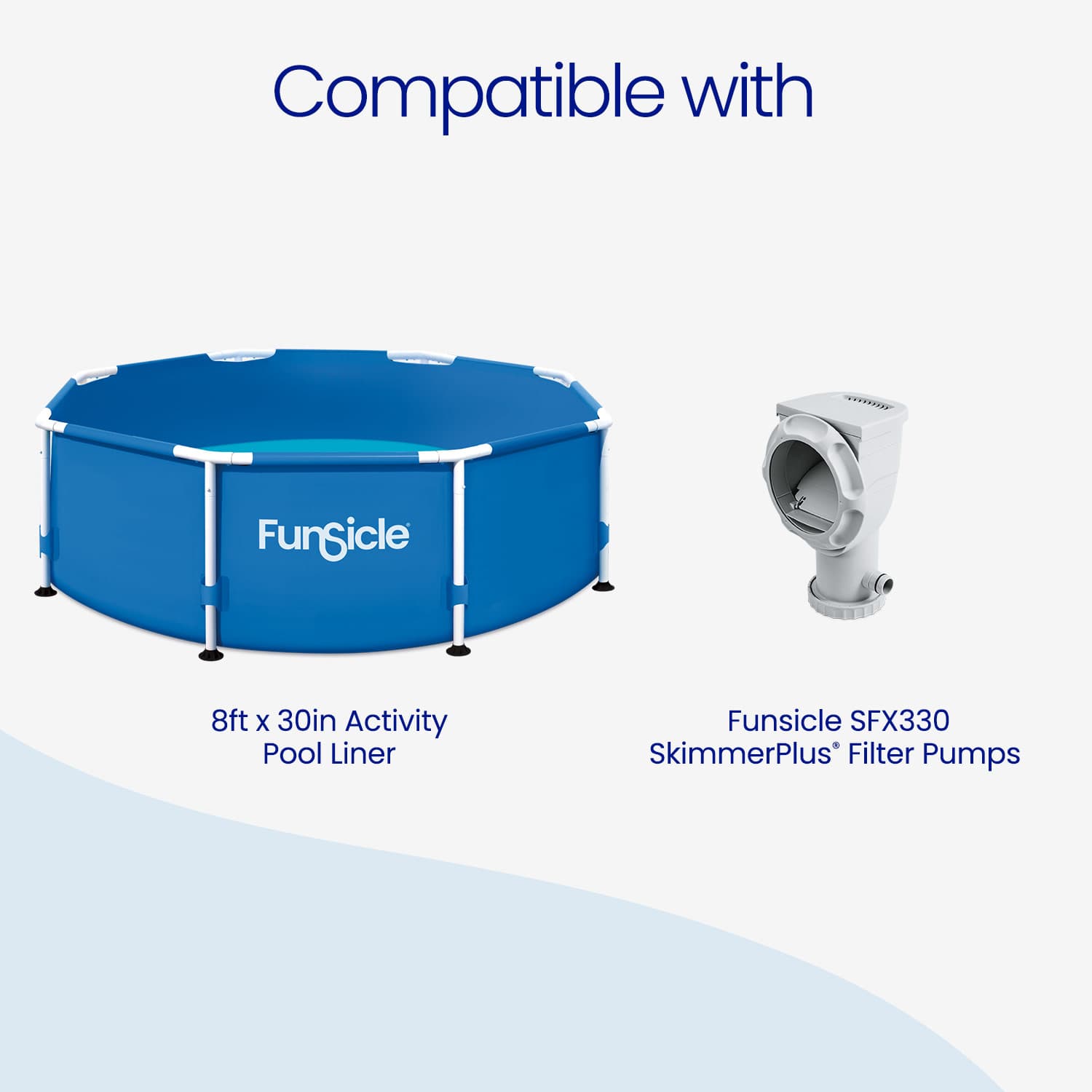 Blue Funicle pool with Funsicle SFX330 skimmer pump on a white background