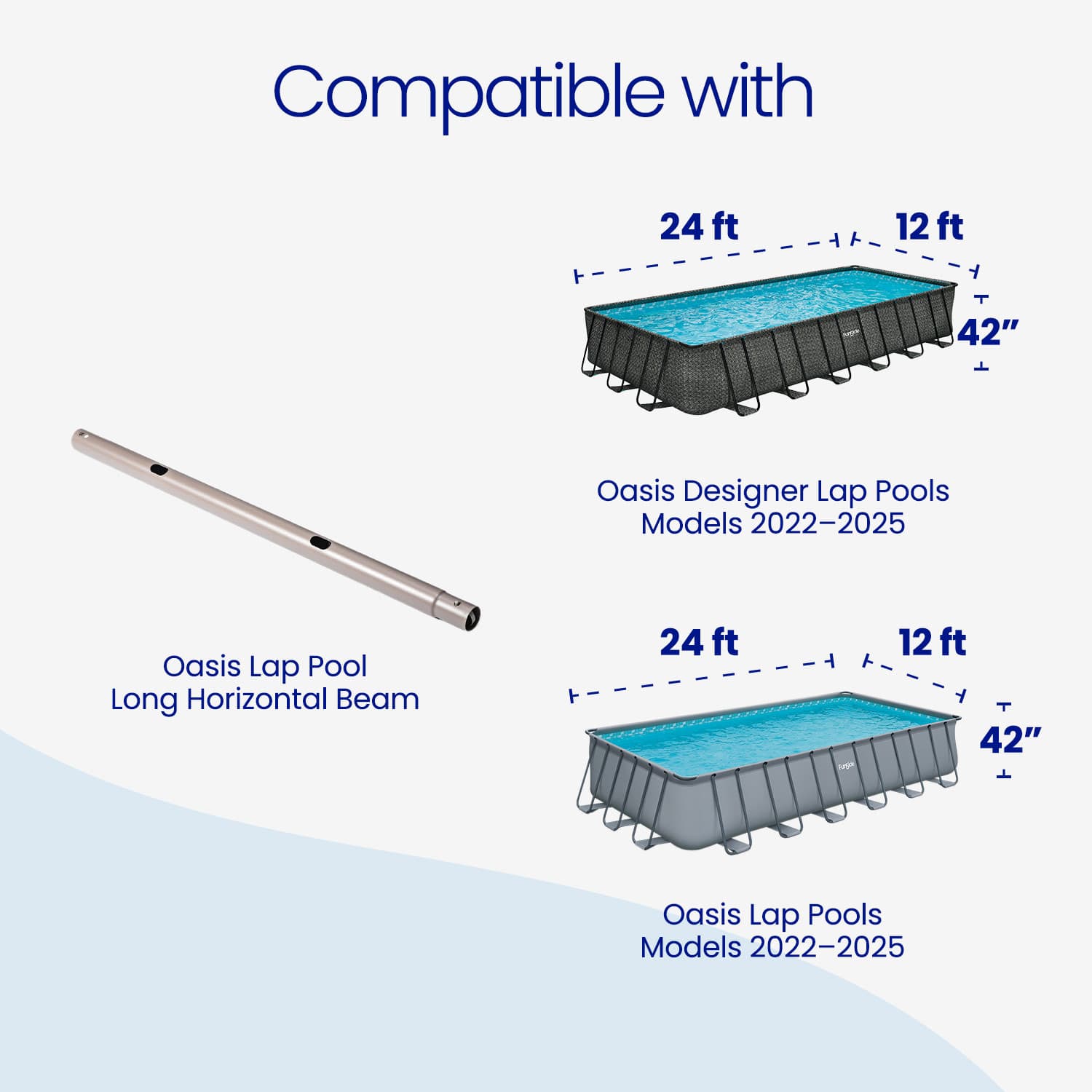 Diagram showing compatibility of pool components with Oasis Lap Pool models 2022-2025.