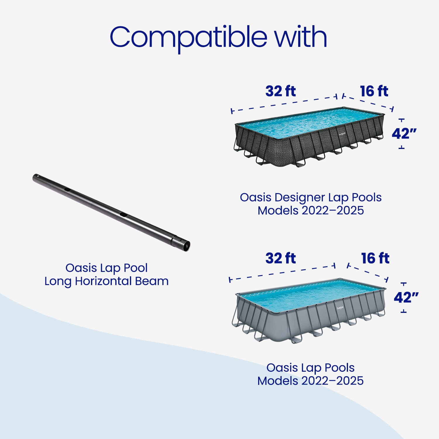 Long horizontal beam labeled 'Oasis Lap Pool' with compatible pools diagram