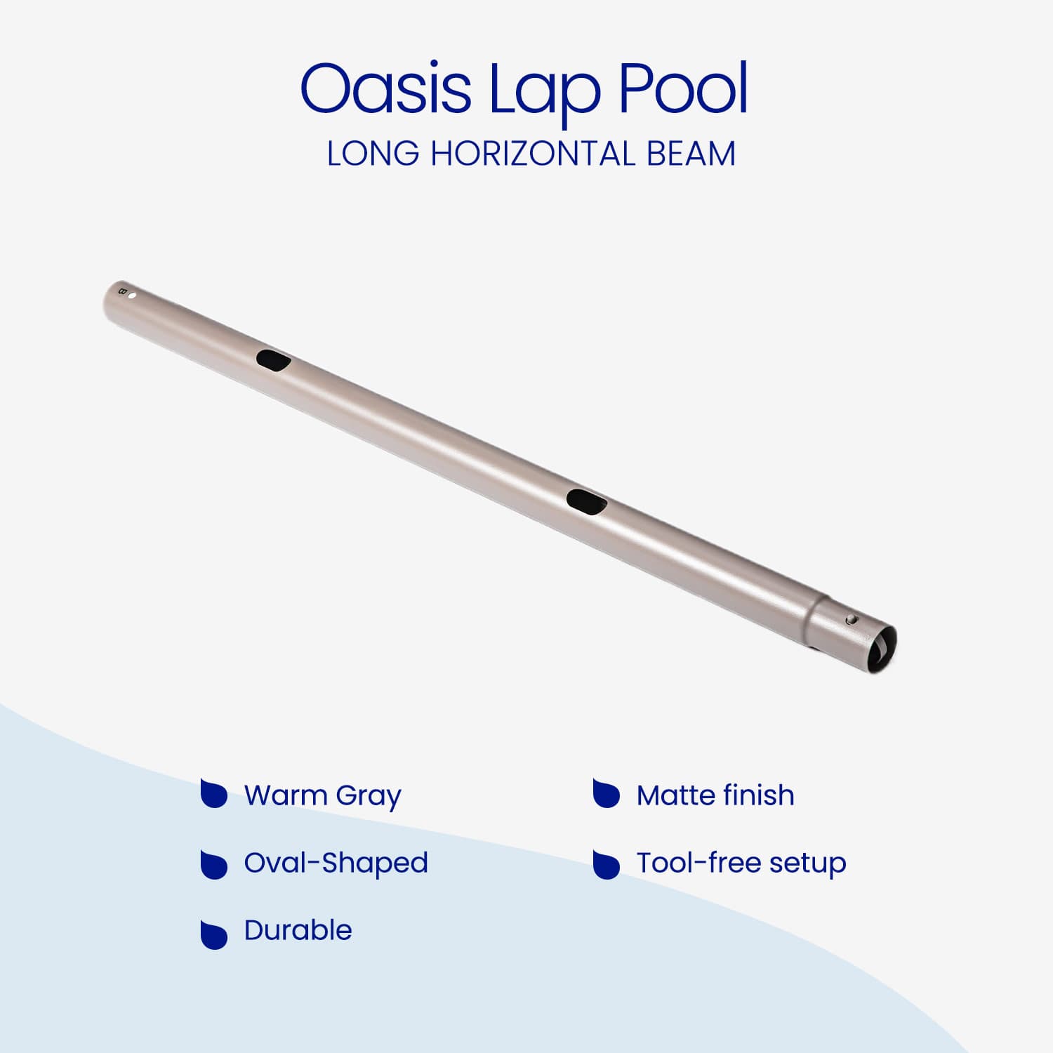 Long horizontal beam labeled 'Oasis Lap Pool' with features listed on a white background