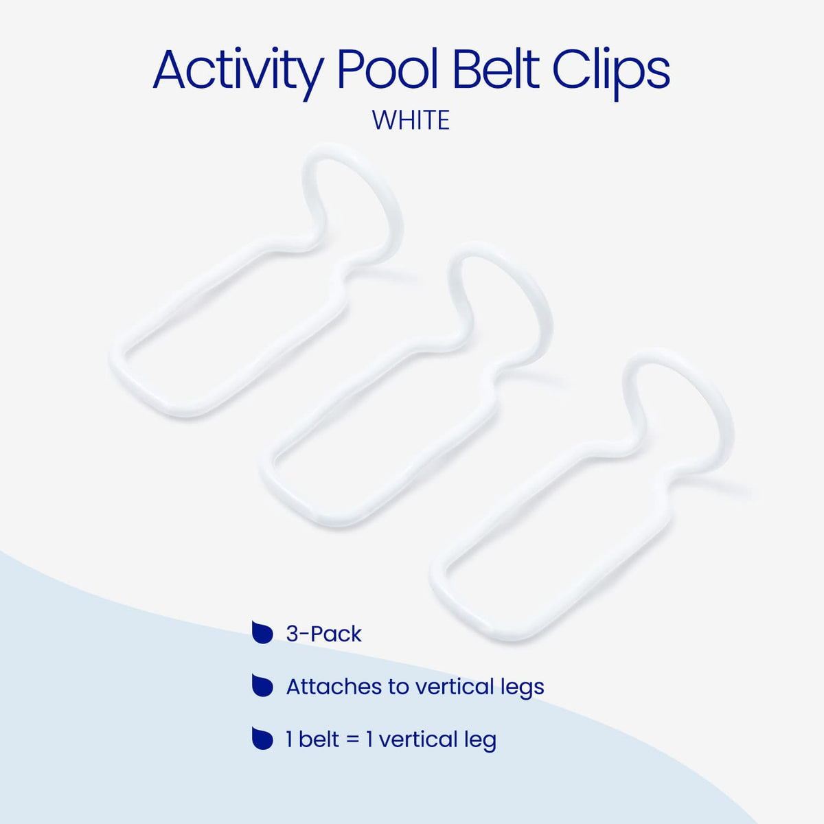 3-pack of white Funsicle Activity Pool Belt Clips, wire clips with a looped top. Features: attaches to vertical legs, with one belt clip per vertical leg.