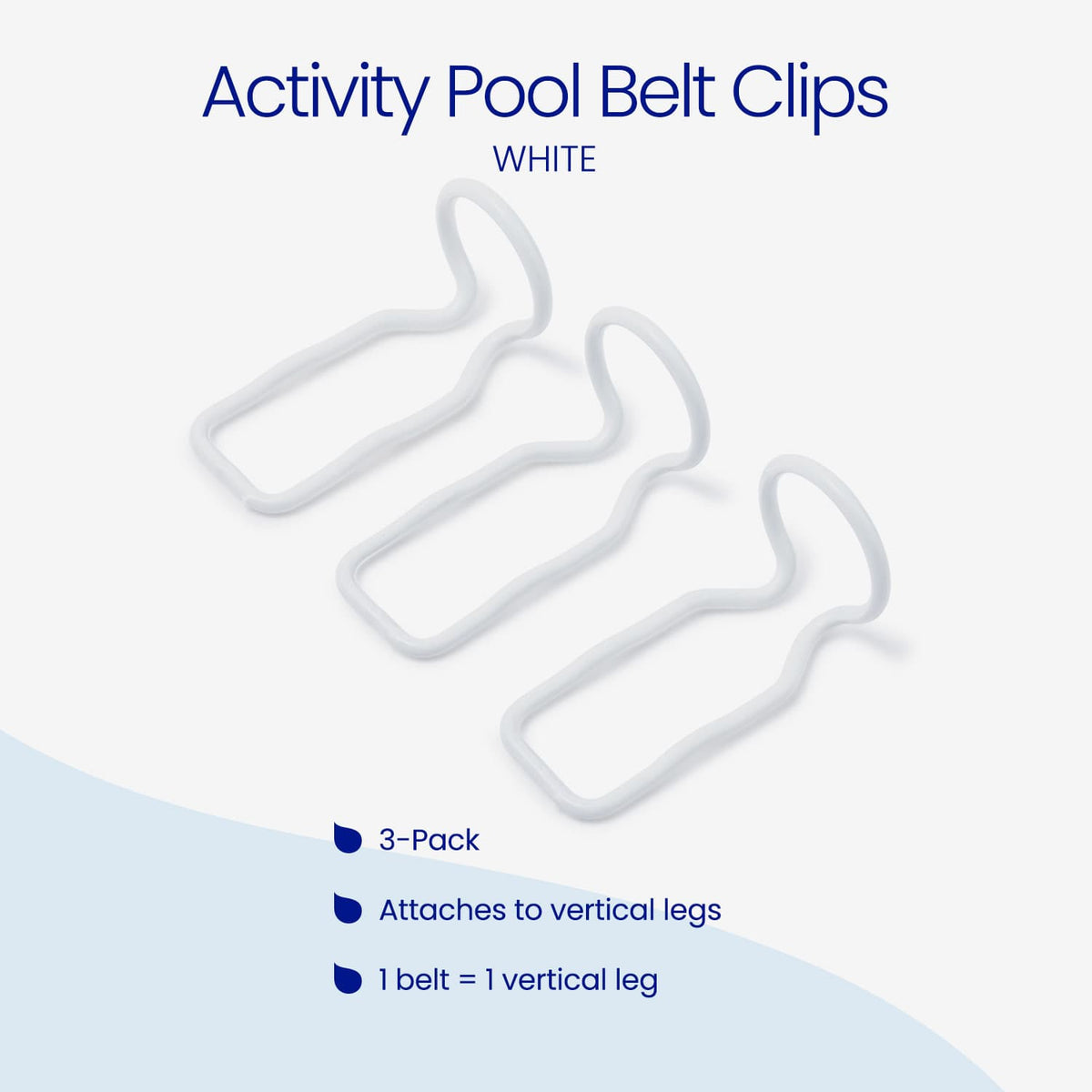 3-pack of white Funsicle Activity Pool Belt Clips, wire clips with a looped top. Features: attaches to vertical legs, with one belt clip per vertical leg.