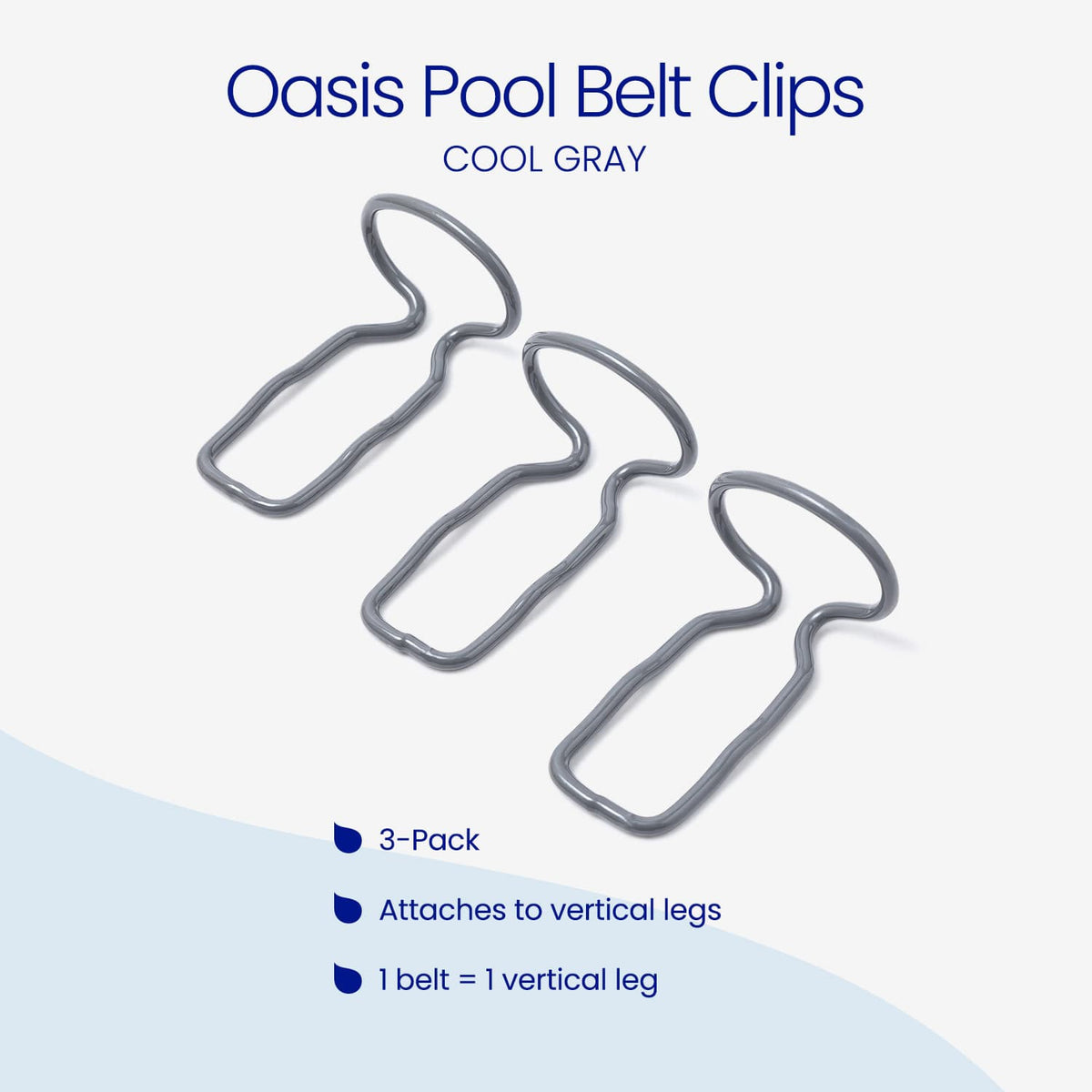 Three gray metal pool belt clips arranged diagonally on a white background with blue text reading 'Oasis Pool Belt Clips' and 'COOL GRAY,' plus feature callouts below.