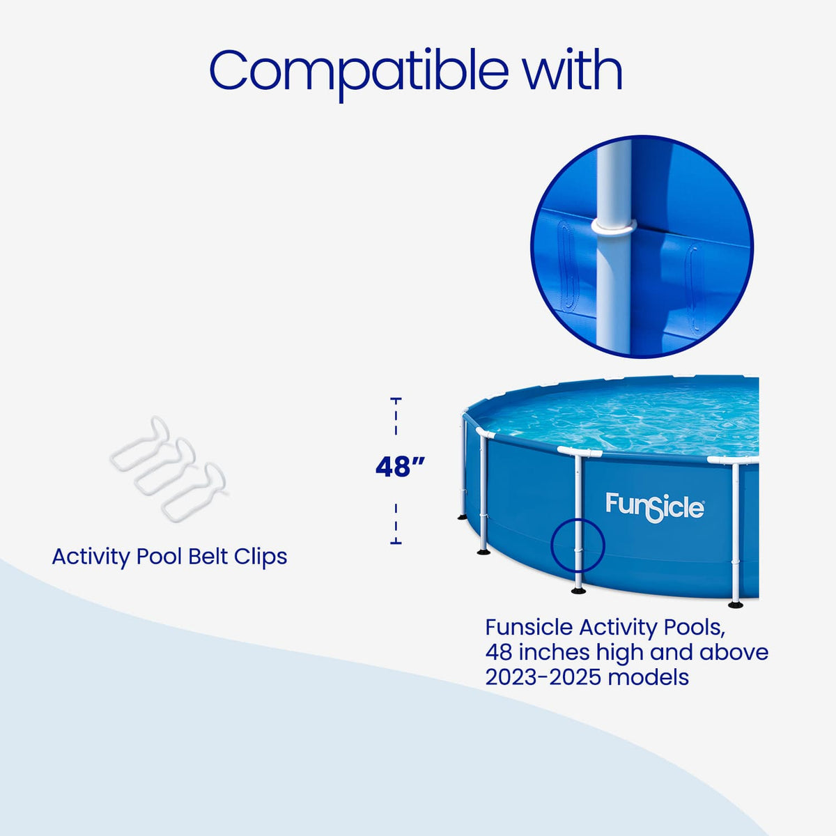 Funsicle Activity Pool Belt Clips shown beside a blue Funsicle Activity Pool, with a close-up of a clip securing the pool wall to a vertical leg. Compatible with 2023–2025 Funsicle Activity Pools, 48 inches high and above