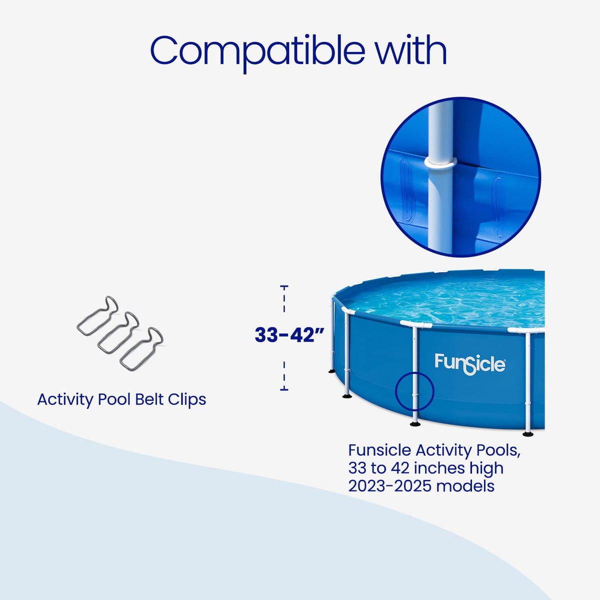 Funsicle Activity Pool Belt Clips shown beside a blue Funsicle Activity Pool, with a close-up of a clip securing the pool wall to a vertical leg. Compatible with 2023–2025 Funsicle Activity Pools, 33 to 42 inches high.