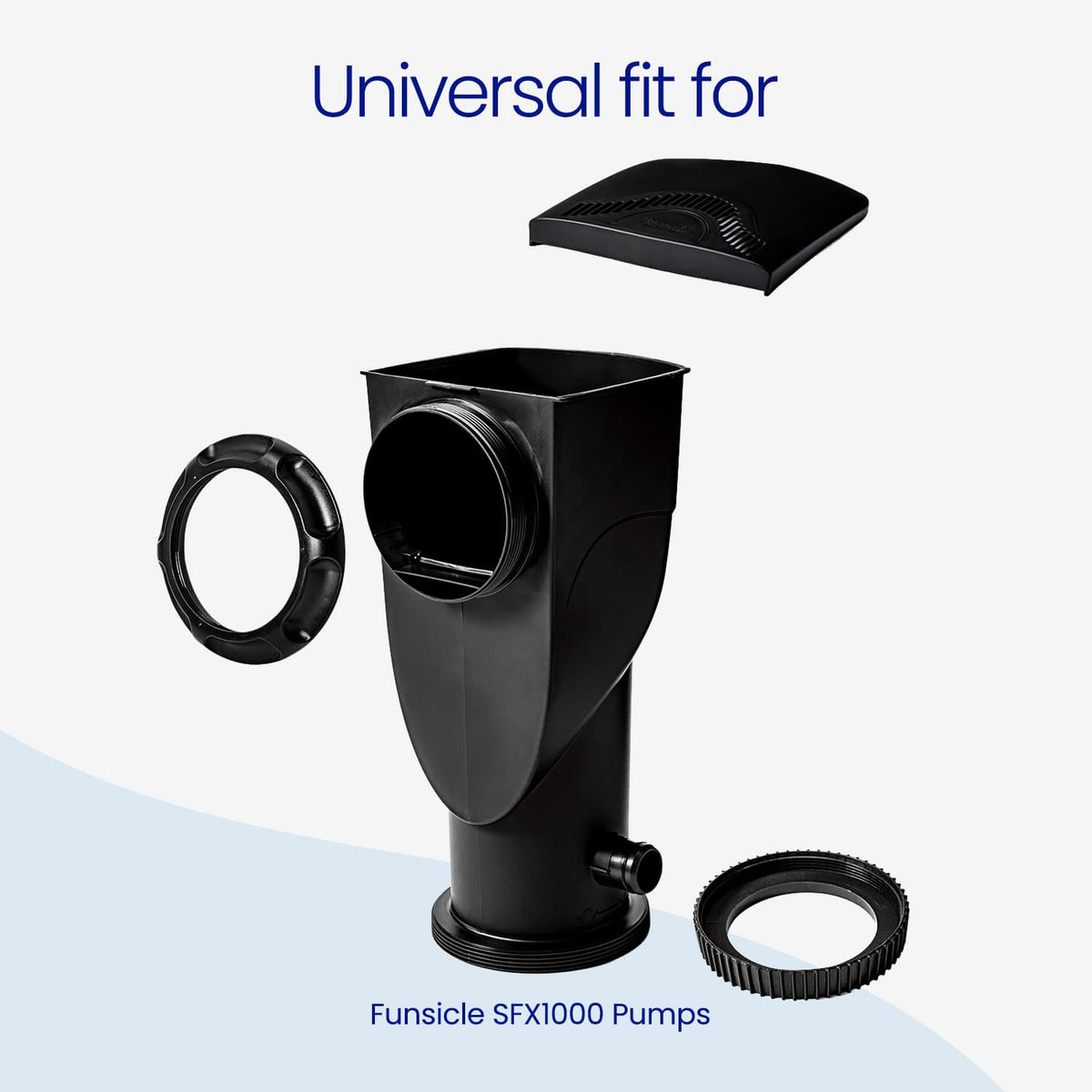 Black plastic pump assembly components labeled 'Universal fit for' and 'Funsicle SFX1000 Pumps,' shown on a light gray background with blue text.